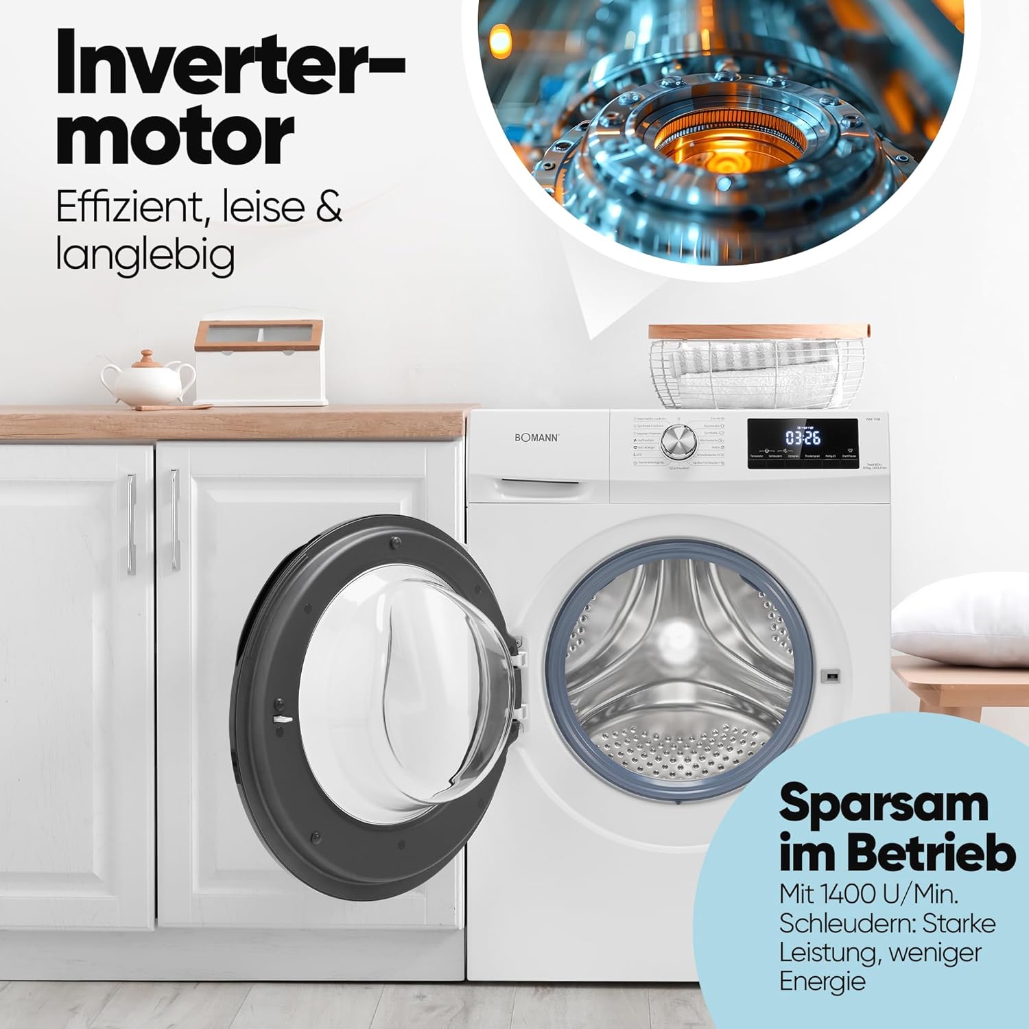 Bomann® Wasdroogcombinatie | Wassen en drogen in één cyclus | 8 kg wassen, 5 kg drogen | Inverter motor | 1400 tpm | Stoomfunctie | Geïntegreerde wasmachine met droger | WAT 7186 wit