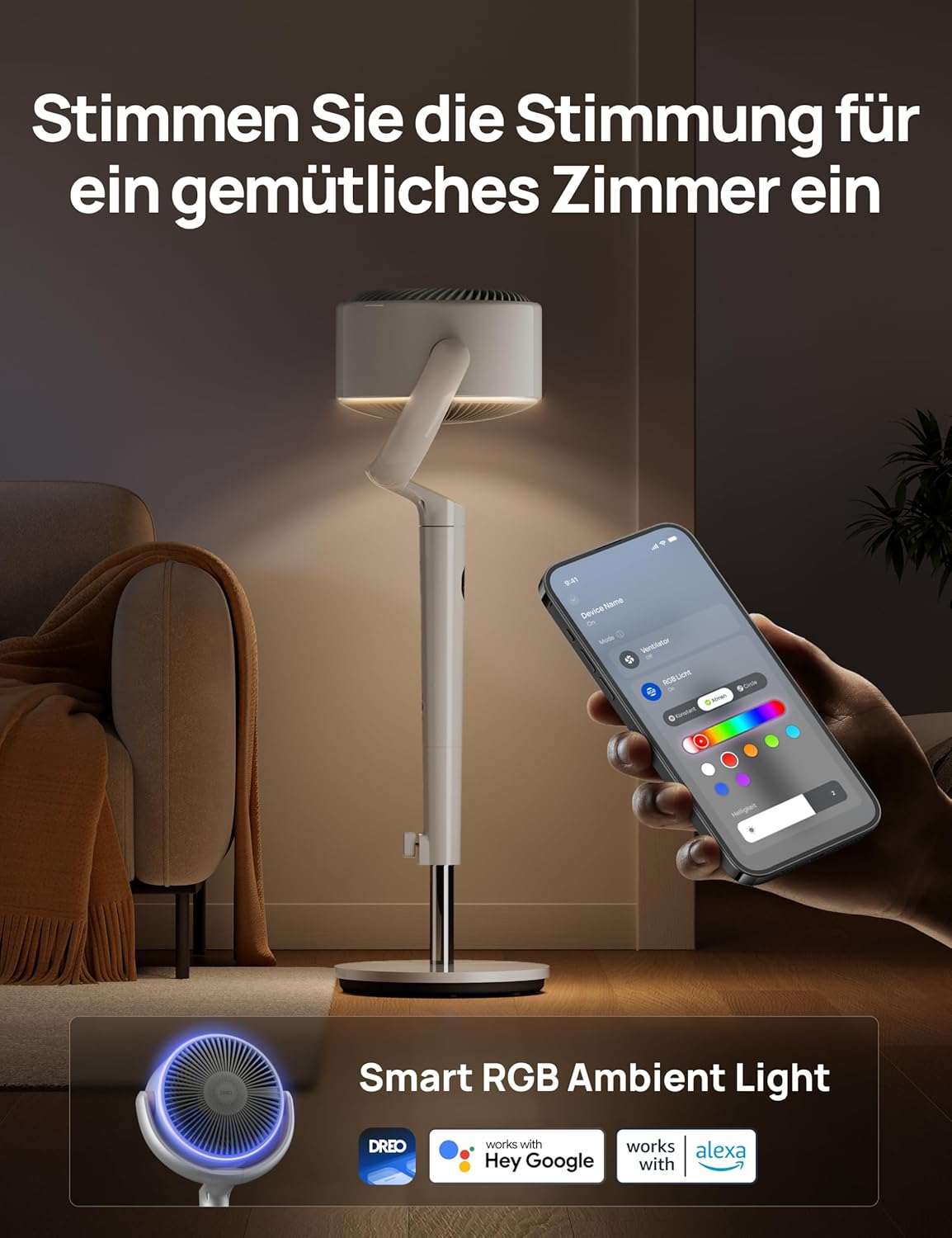 Dreo Slimme Staande Ventilator met RGB-licht, 120° +120° Oscillerende Ventilator met Afstandsbediening, 20dB Stille Vloerventilator voor Slaapkamer, 8H Timer, Zilver