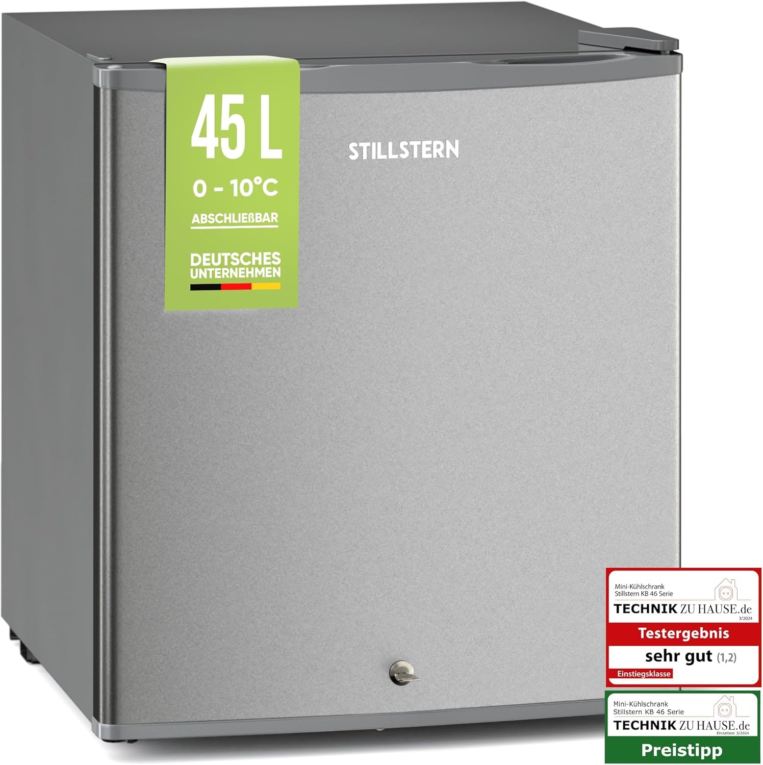 Stillstern minikoelkast E 45L met automatische ontdooiing, slot, vriesvak, stil, ideaal voor keuken, kantoor, slaapkamer, hotels en kleine appartementen, kleine koelkast, minibar, drankenkoelkast