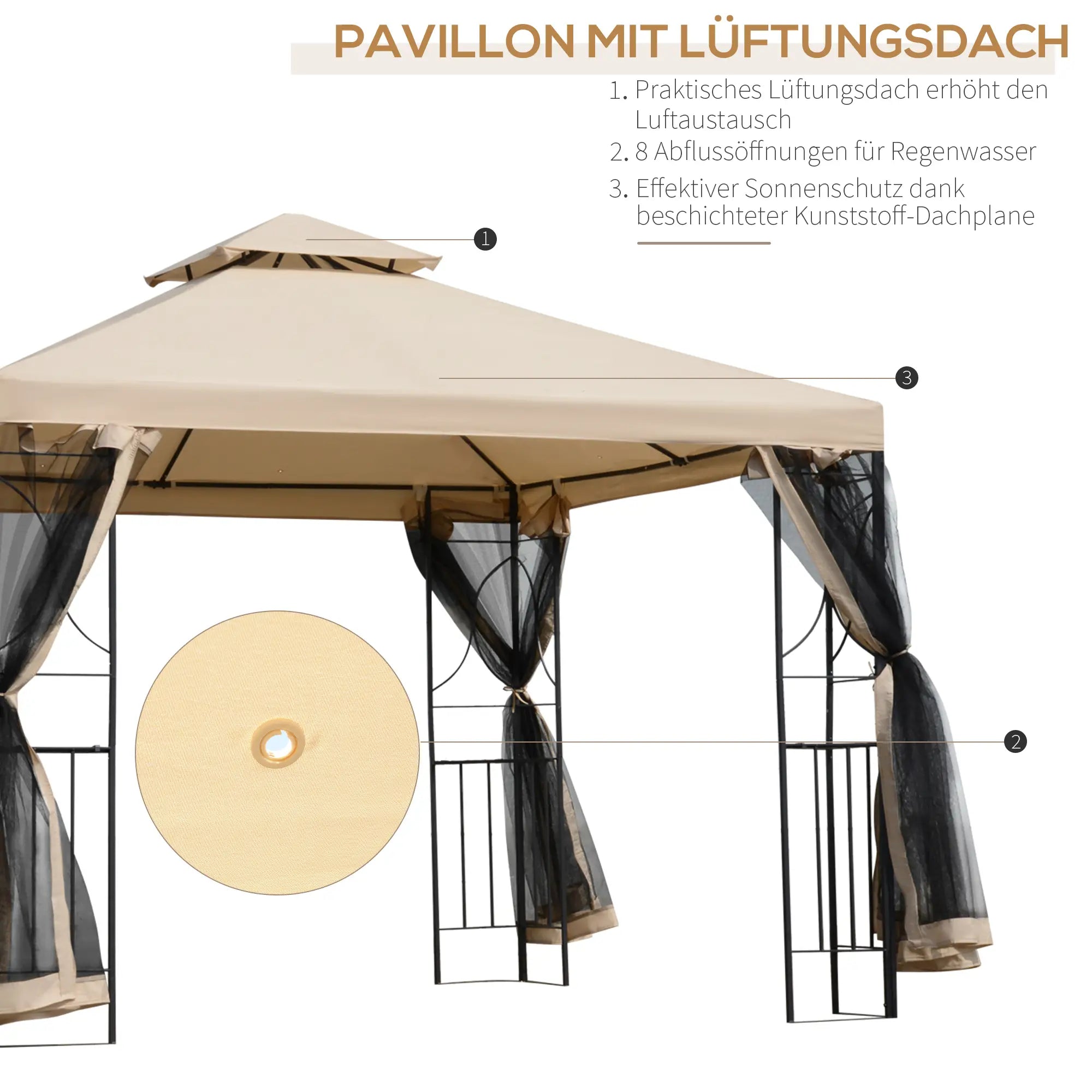 Outsunny Tuinpaviljoen Dubbel Dak met Schappen en Net-Zijwanden
