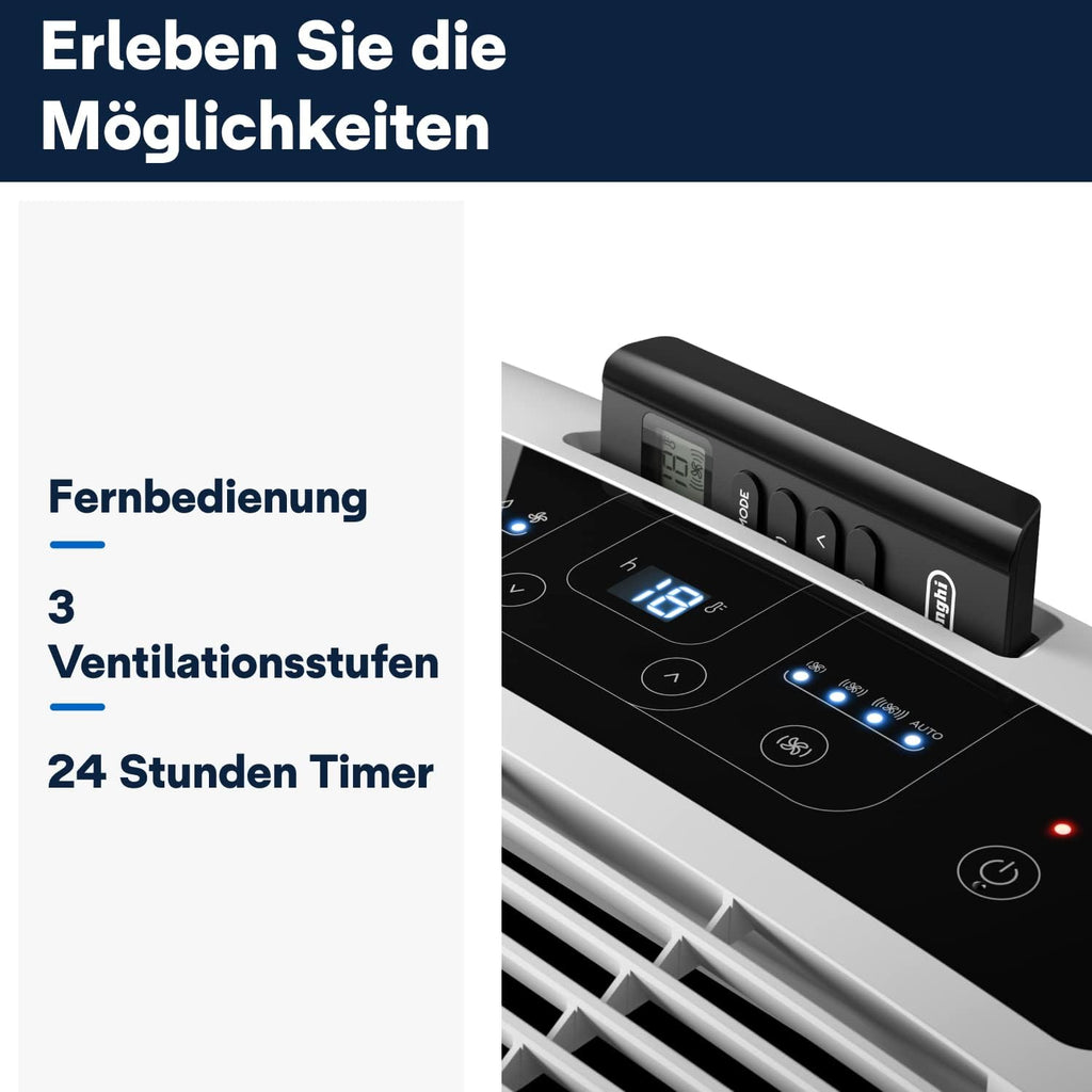 De'Longhi Pinguino PAC EM82, Mobiele airconditioner voor ruimtes tot 80 m, 9.400 BTU, 2,4 kW, 63 dB, Ontvochtigingsfunctie, Energieklasse A, 24-uurs timer, Wit