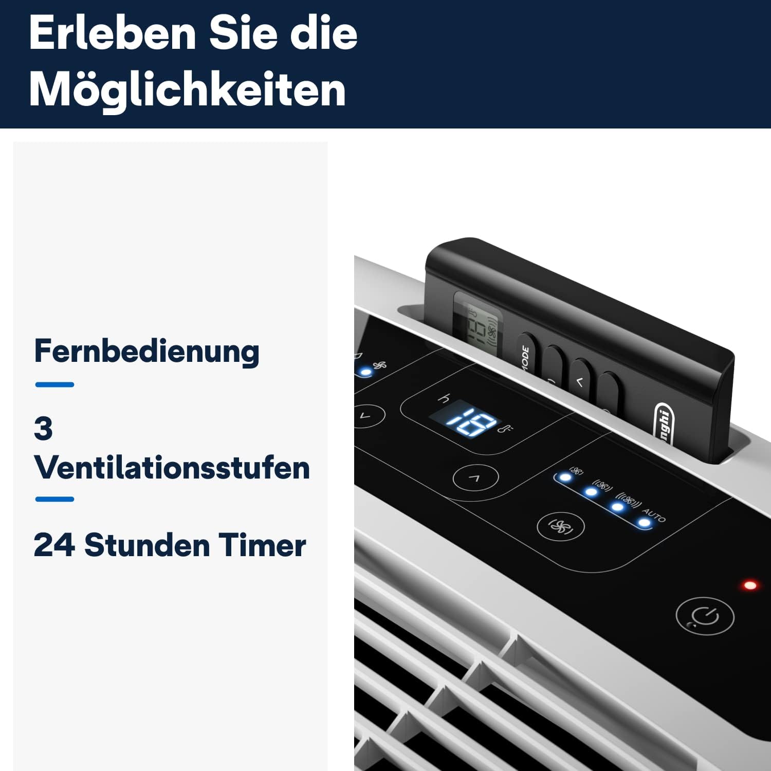De'Longhi Pinguino PAC EM82, Mobiele airconditioner voor ruimtes tot 80 m, 9.400 BTU, 2,4 kW, 63 dB, Ontvochtigingsfunctie, Energieklasse A, 24-uurs timer, Wit