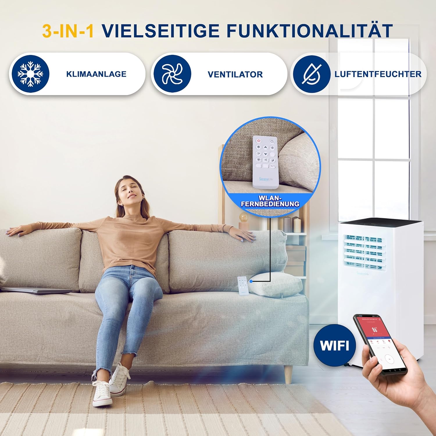 SereneLife 3-in-1 Mobiele Airconditioner met Afvoerslang – Klimaatregelaar als Luchtkoeler, Ventilator & Luchtontvochtiger – Mini Airco voor Ruimtes tot 28 m2 – Luchtkoeler voor Thuis & Kantoor 10.000 BTU
