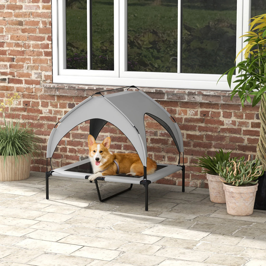 PawHut Verhoogd hondenbed outdoor met dak – Lichtgrijs, ademend