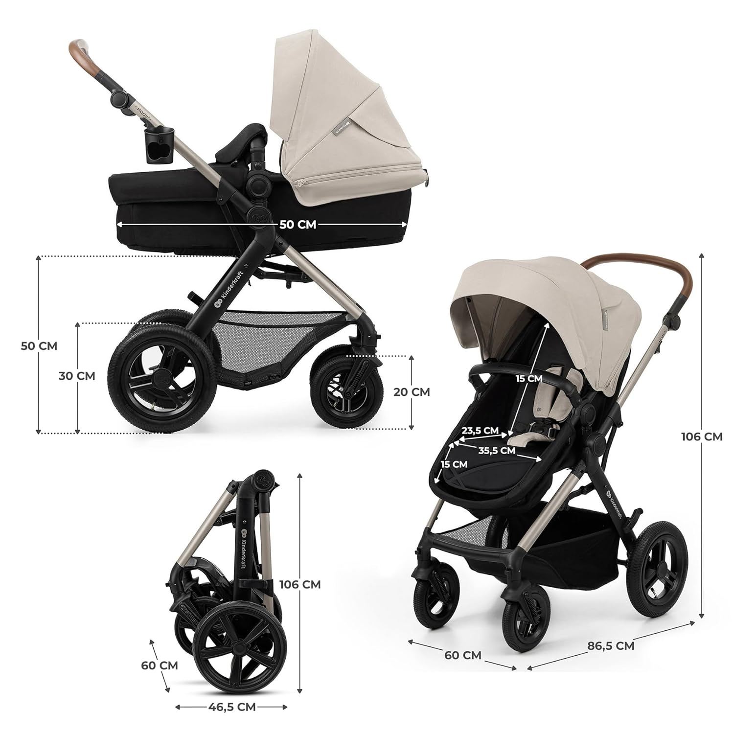 Kinderkraft MOOV2 AIR Kinderwagen 3 in 1 Kinderwagenset tot 26 kg met autostoel I-SIZE 40-75 cm, buggyfunctie, verstelbare ligstand, grote uitschuifbare kap, opblaasbare wielen, zwart