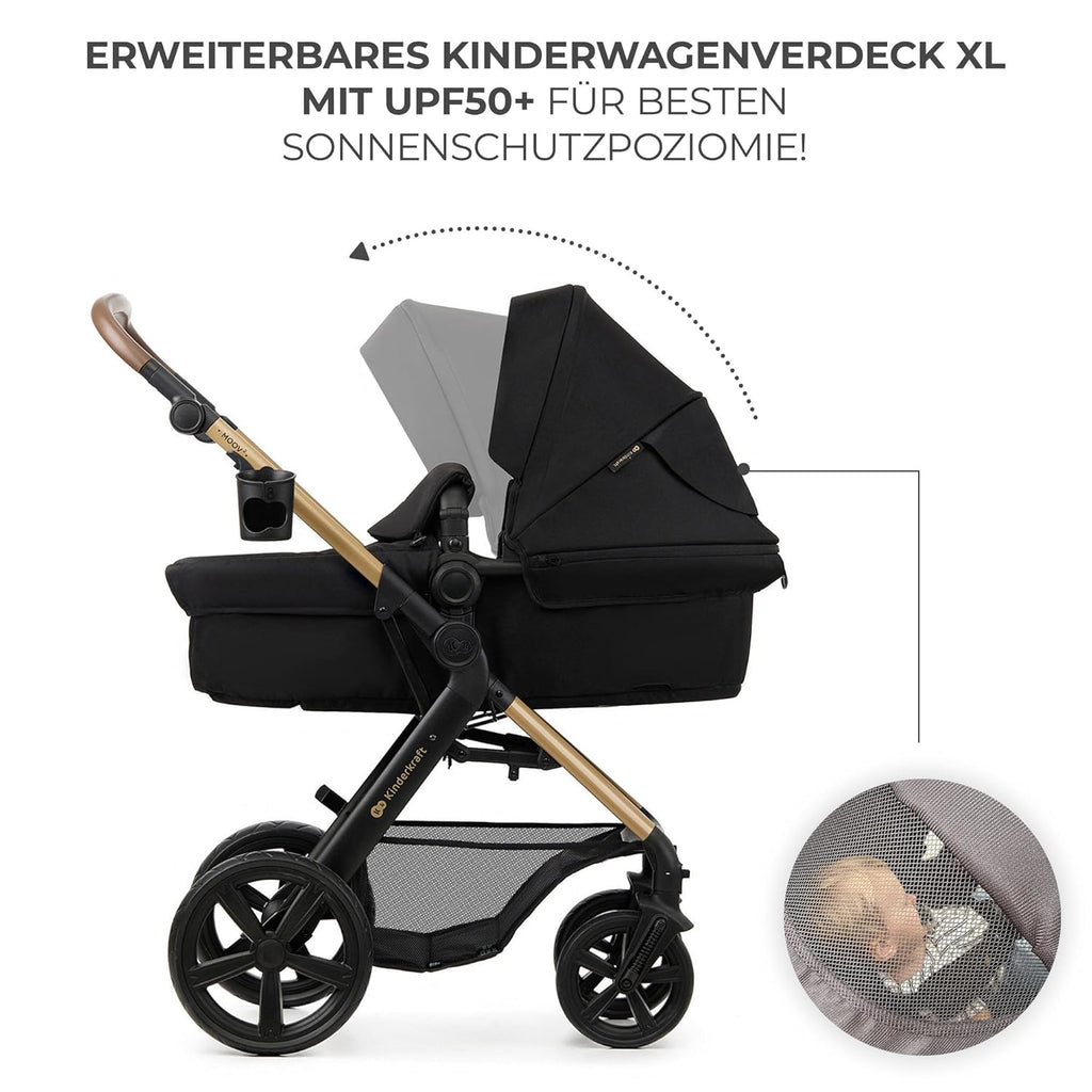 Kinderkraft MOOV2 AIR Kinderwagen 3 in 1 Kinderwagenset tot 26 kg met autostoel I-SIZE 40-75 cm, buggyfunctie, verstelbare ligstand, grote uitschuifbare kap, opblaasbare wielen, zwart
