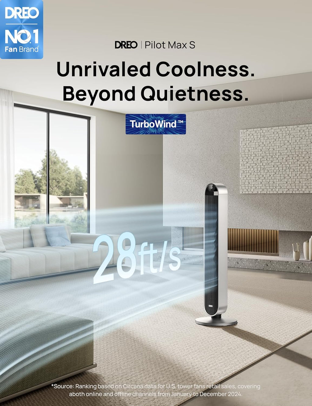 Dreo 25dB Stille Slimme Torenventilator met Spraakbesturing, WiFi Alexa Ventilator, APP Bediening, 120° Oscillerende Staande Ventilator, 12 Snelheden, 4 Modi, 12-uurs Timer, Pilot Max S