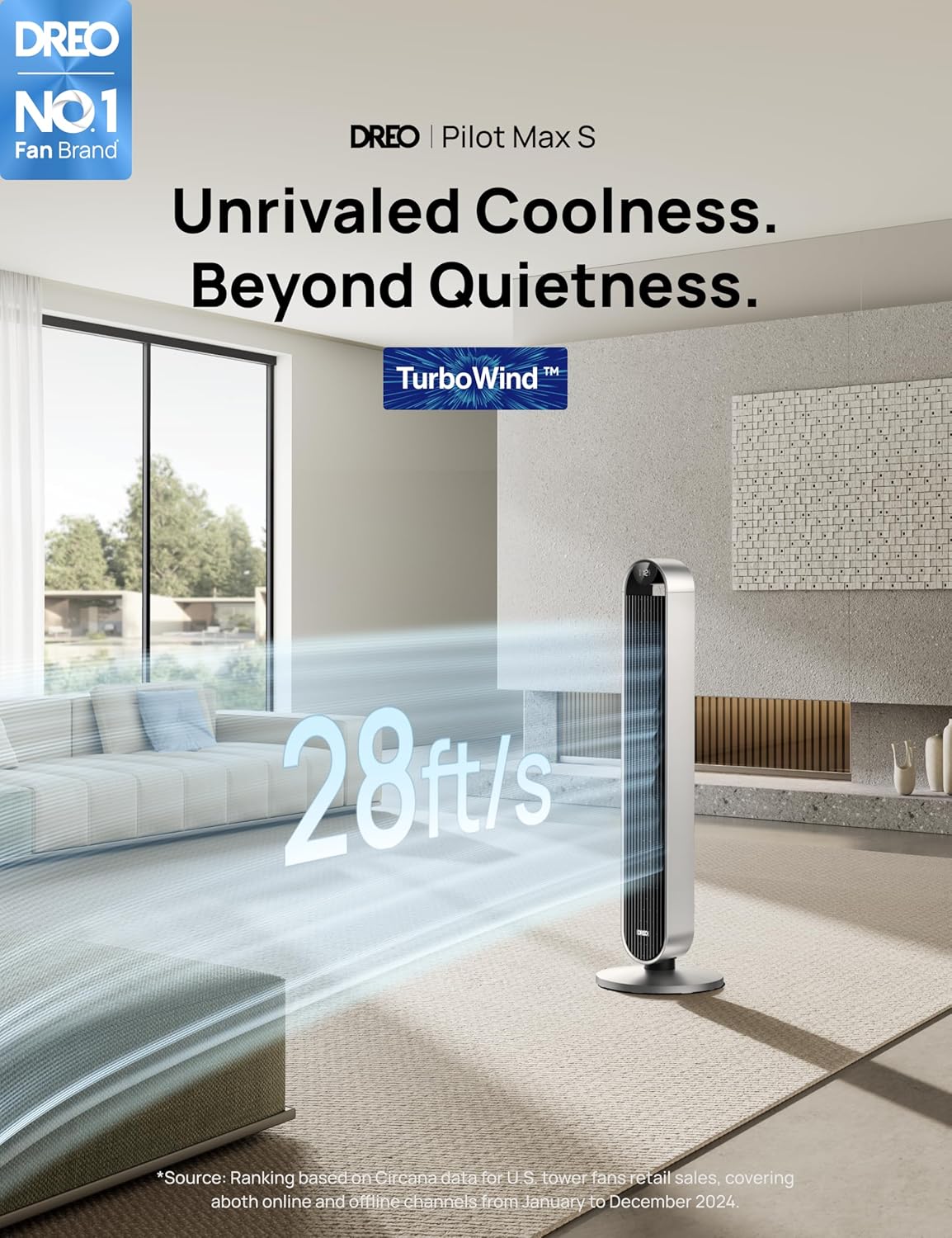 Dreo 25dB Stille Slimme Torenventilator met Spraakbesturing, WiFi Alexa Ventilator, APP Bediening, 120° Oscillerende Staande Ventilator, 12 Snelheden, 4 Modi, 12-uurs Timer, Pilot Max S