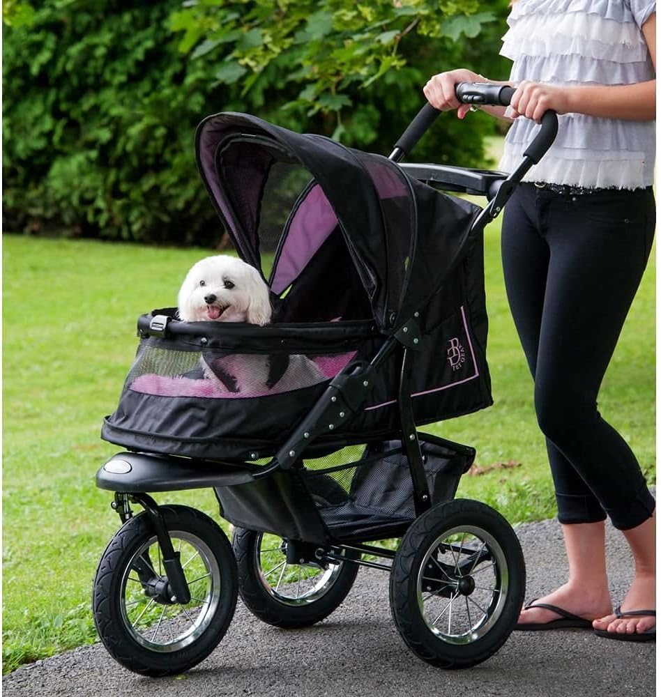 No-Zip NV Huisdierbuggy voor Katten/Honden, Ritssluitingvrije Toegang, Eenvoudig Opvouwbaar met Eén Hand, met Gel Gevulde Banden, Pluche Kussen + Weerbescherming Inbegrepen, 3 Kleuren