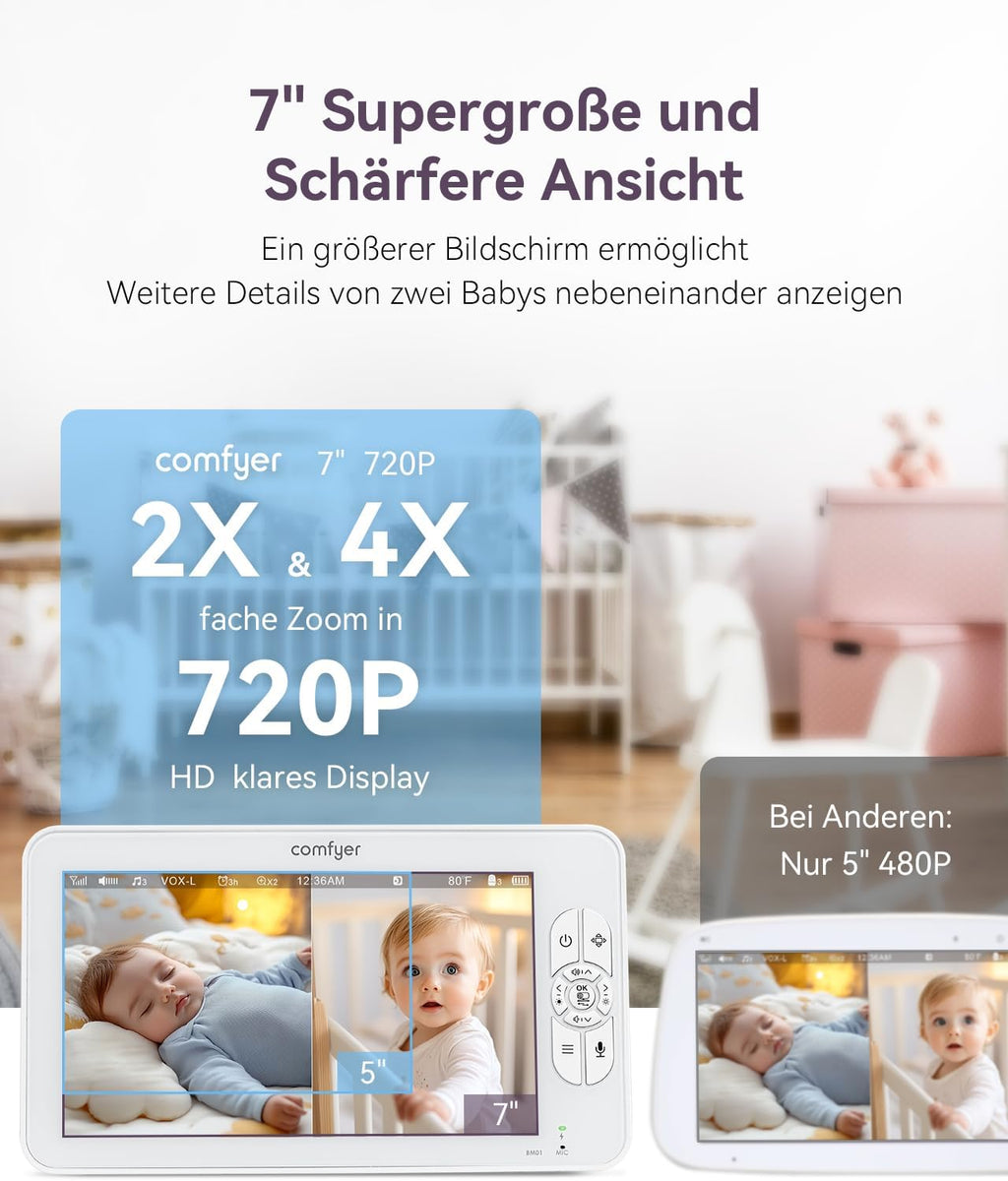 Comfyer Split-Screen Babyfoon met 2 Camera's, 7" HD 720P Videobabyfoon zonder wifi met Beugel, IR-Nachtzicht Groothoeklens Vox-modus 2-Weg Audio 292m Bereik Video Surveillance Apparaten
