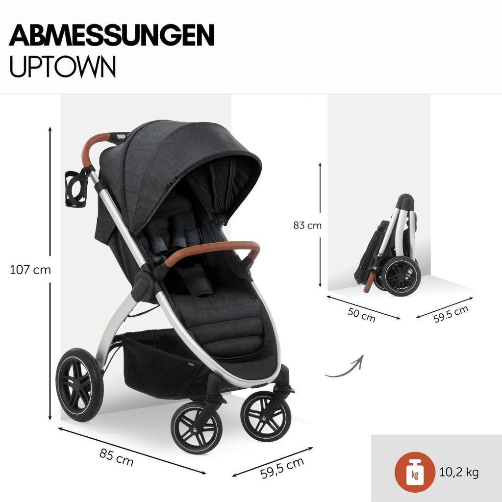 Hauck Uptown Kinderwagen Melange Rose – wandelwagen voor elk terrein, extra grote zitting, vlakke ligstand, rubberen wielen, vering, compact en eenvoudig inklapbaar, met regenhoes