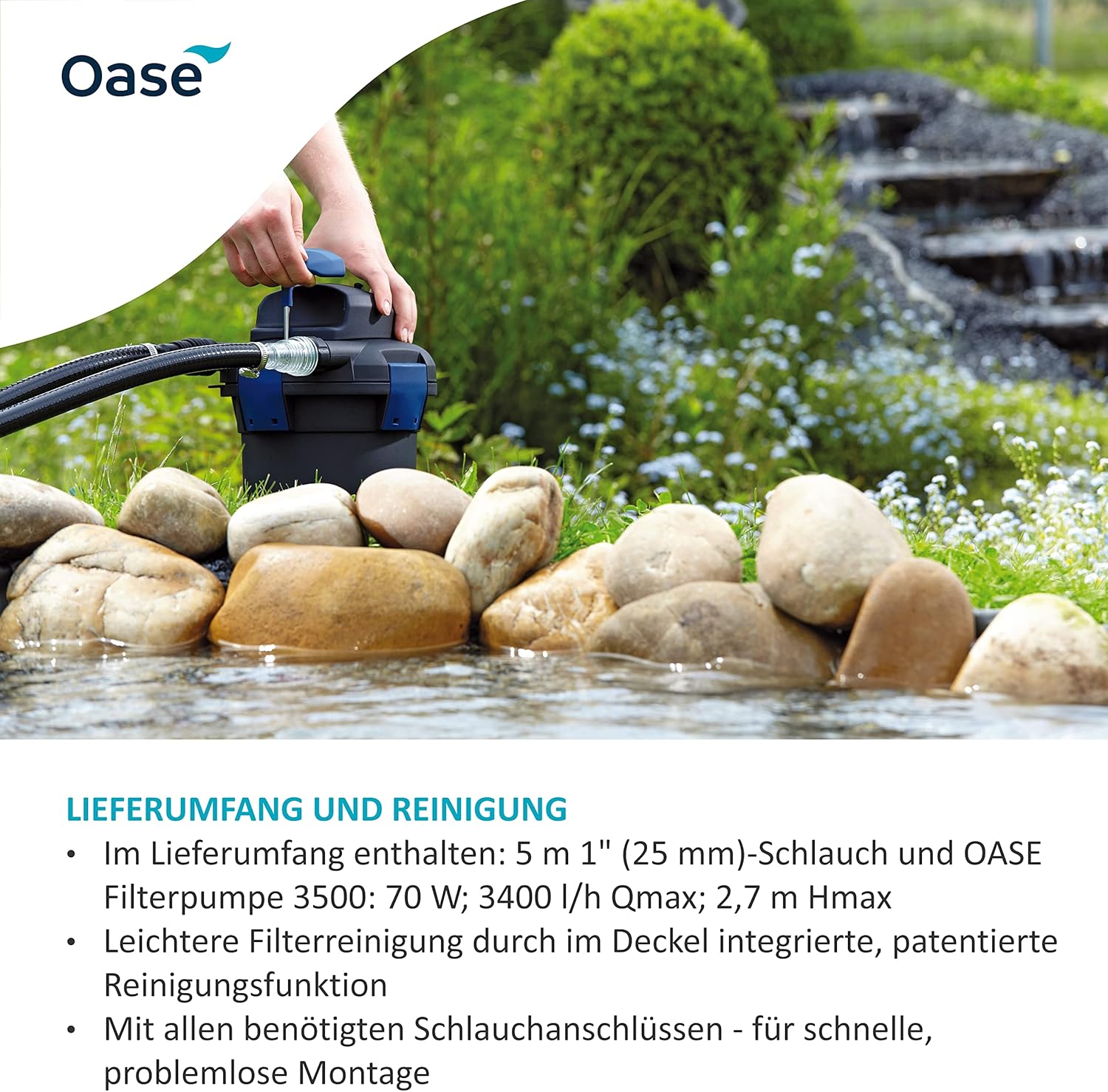 OASE 50499 Drukfilter BioPress Set 4000, vijverfilter filterset voor effectieve en snelle algenbestrijding, complete set incl. filterpomp en UVC-reiniger