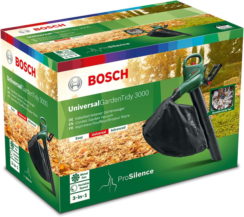 Bosch elektrische bladzuiger/-blazer UniversalGardenTidy 3000 (3000 W, opvangzak 50 l, traploze toerentalregeling, voor het blazen, zuigen en versnipperen van bladeren, in kartonnen verpakking)