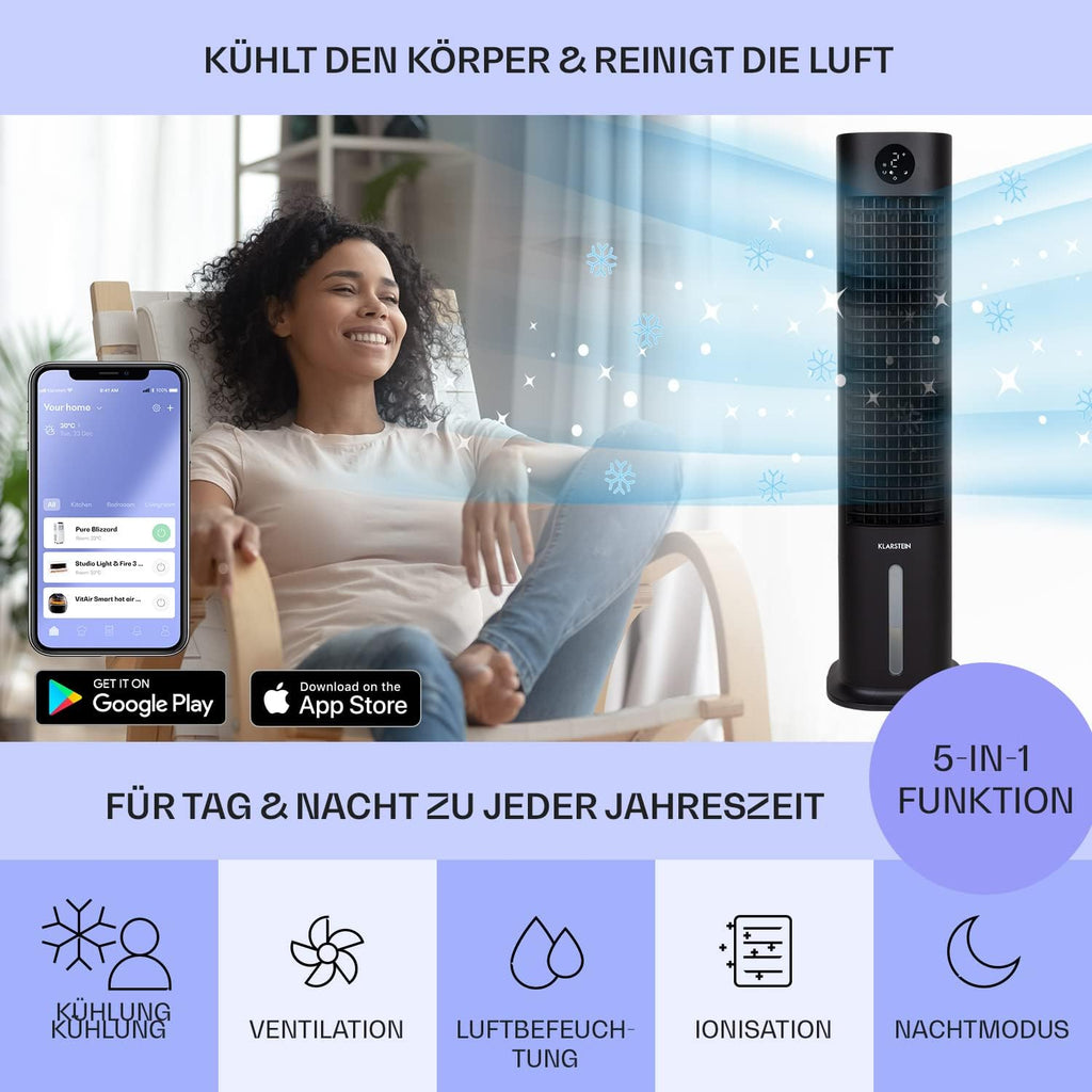 Klarstein Luchtkoeler met Waterkoeling, 5-in-1 Verdampingskoeler, Luchtbevochtiger, Ventilator & Luchtreiniger, Mobiele Airconditioner Luchtkoeler met App-Bediening, 80W Air Cooler, 462m³/h Luchtstroom, Wit