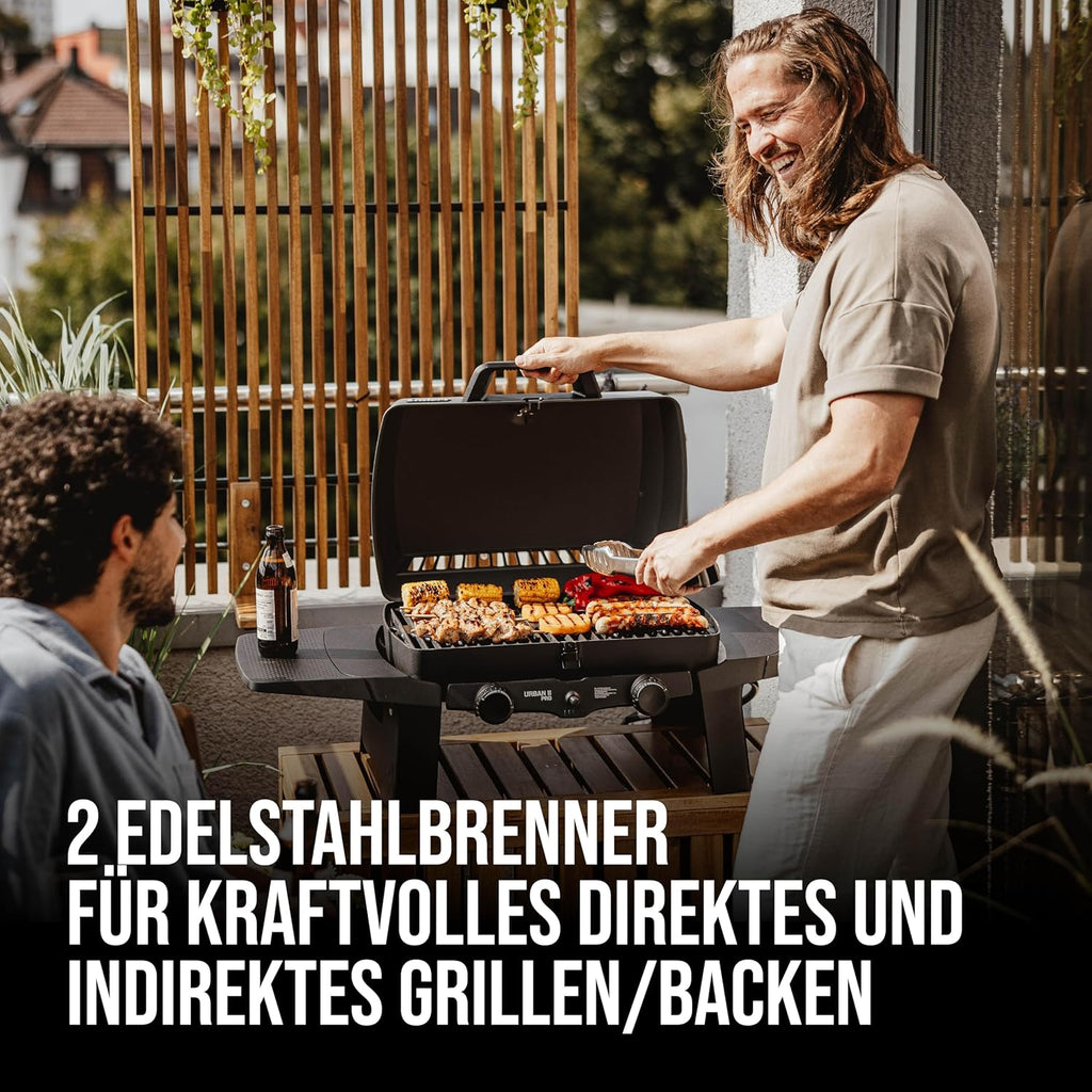 Enders Gasbarbecue Urban II Pro, tafelbarbecue, grill-, kook- en bakfunctie, 2 branders RVS, met grillthermometer, balkon-, campingbarbecue, gegoten aluminium behuizing, gietijzeren rooster, #2062