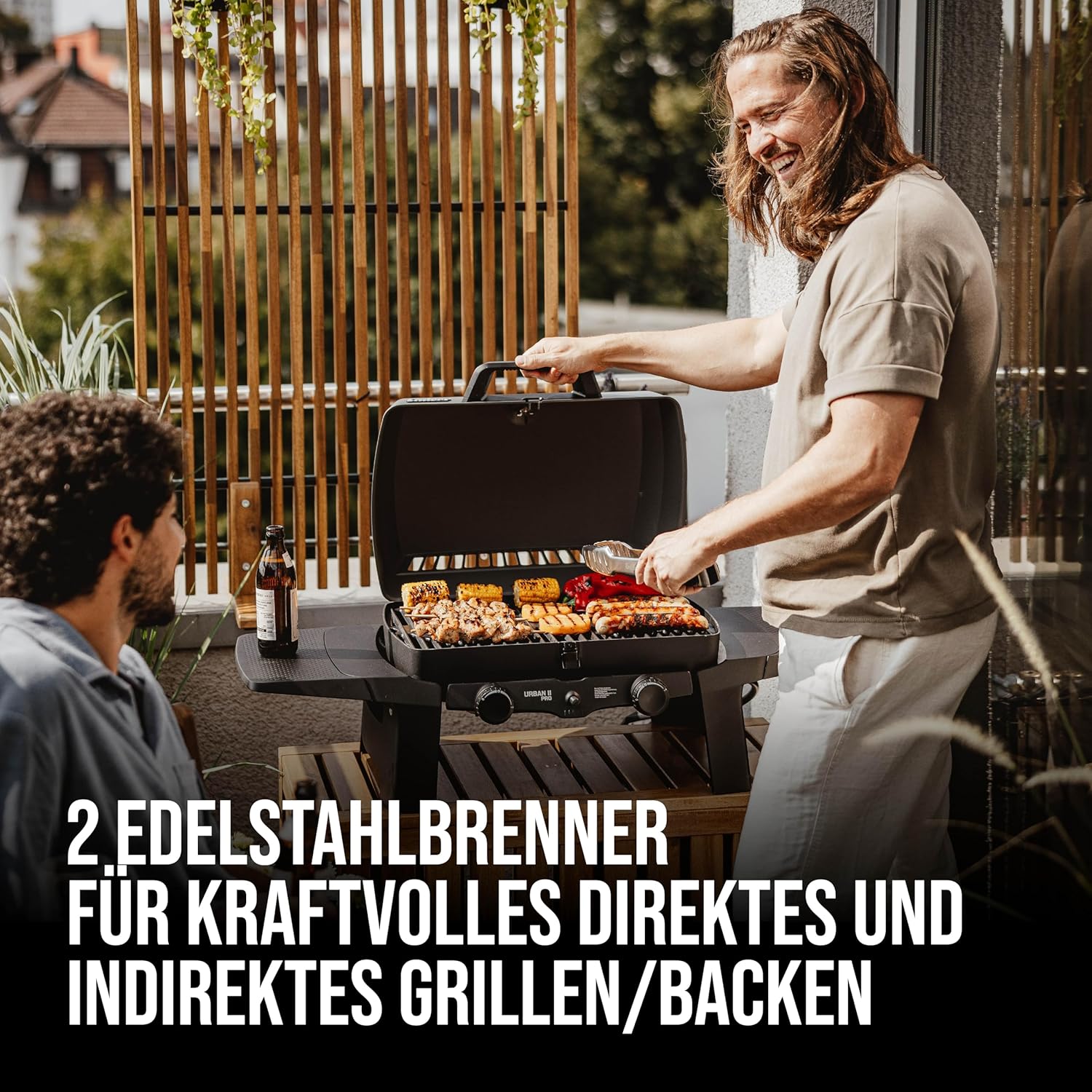 Enders Gasbarbecue Urban II Pro, tafelbarbecue, grill-, kook- en bakfunctie, 2 branders RVS, met grillthermometer, balkon-, campingbarbecue, gegoten aluminium behuizing, gietijzeren rooster, #2062