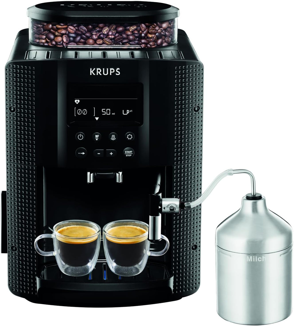 Krups Essential volautomatische espressomachine met melkslang, 2-kopsfunctie, LCD-display, eenvoudige reiniging, koffiezetapparaat, TÜV-keurmerk, zwart, EA816031
