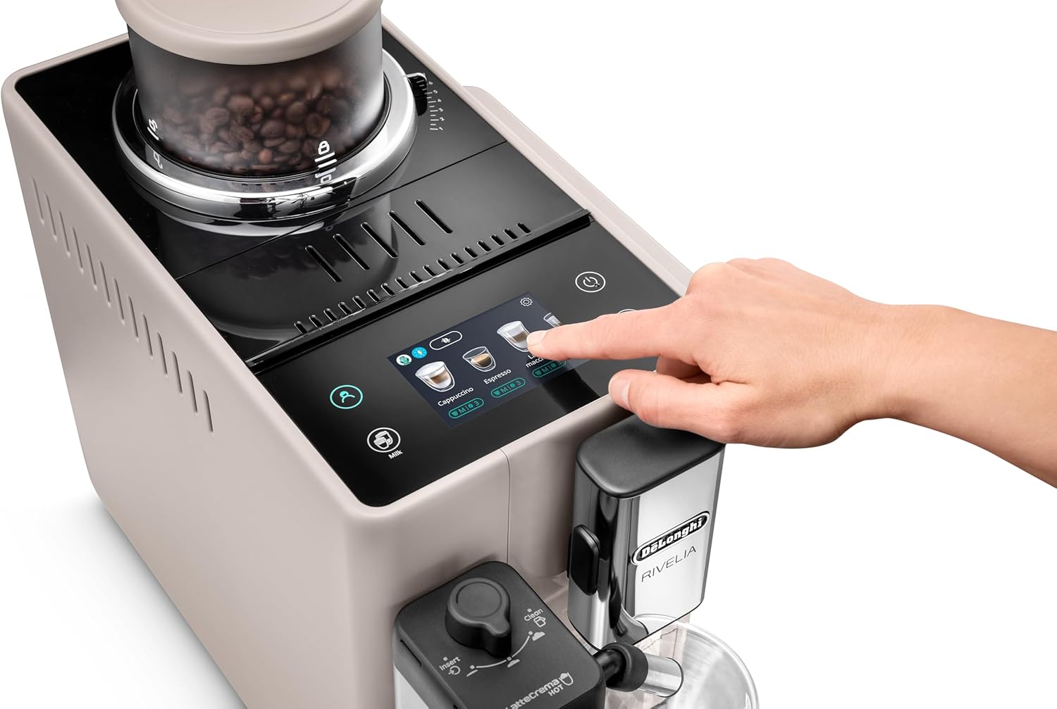 De'Longhi Rivelia EXAM440.55.W volautomatische espressomachine met LatteCrema-melksysteem, verwisselbaar bonenreservoir, 16 koffie- en melkdranken met één druk op de knop, Extra-Shot-functie, 3,5 inch touchscreen, wit