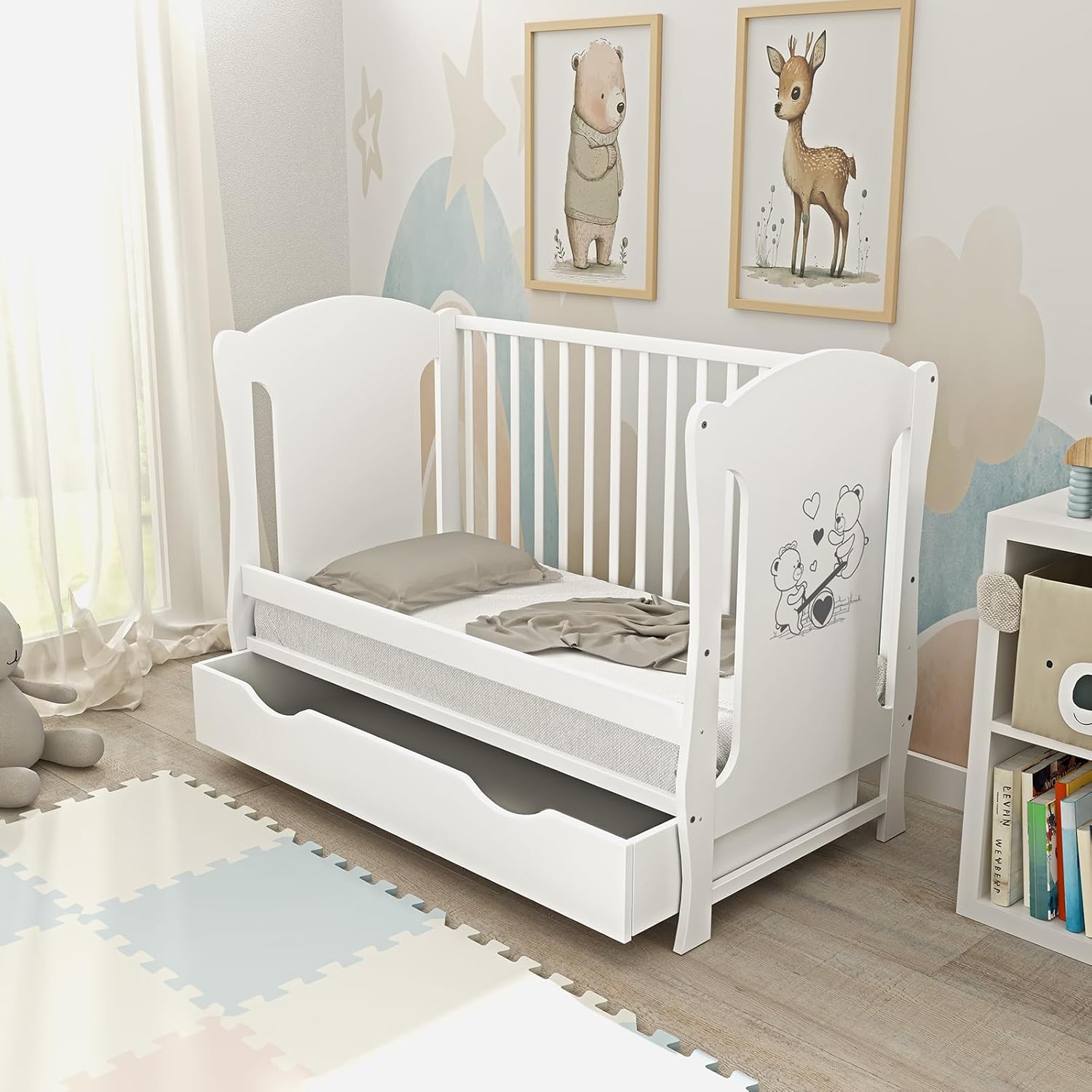 Baby Delux Babybed 60x120 wit Kinderbed ombouwbaar naar juniorbed Lade Matras Teddy Wip Motief