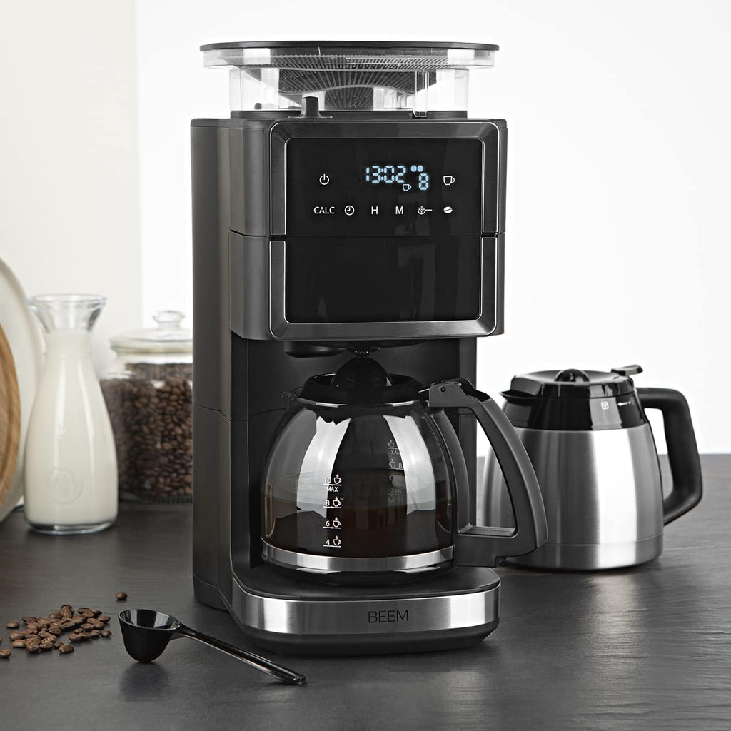 BEEM FRESH-AROMA-PERFECT III Filterkoffiezetapparaat met maalwerk - Duo | Met thermos- & glazen kan | Aroma-Plus-functie | 24-uurs timer | 1000 W | voor maximaal 10 kopjes [roestvrij staal]