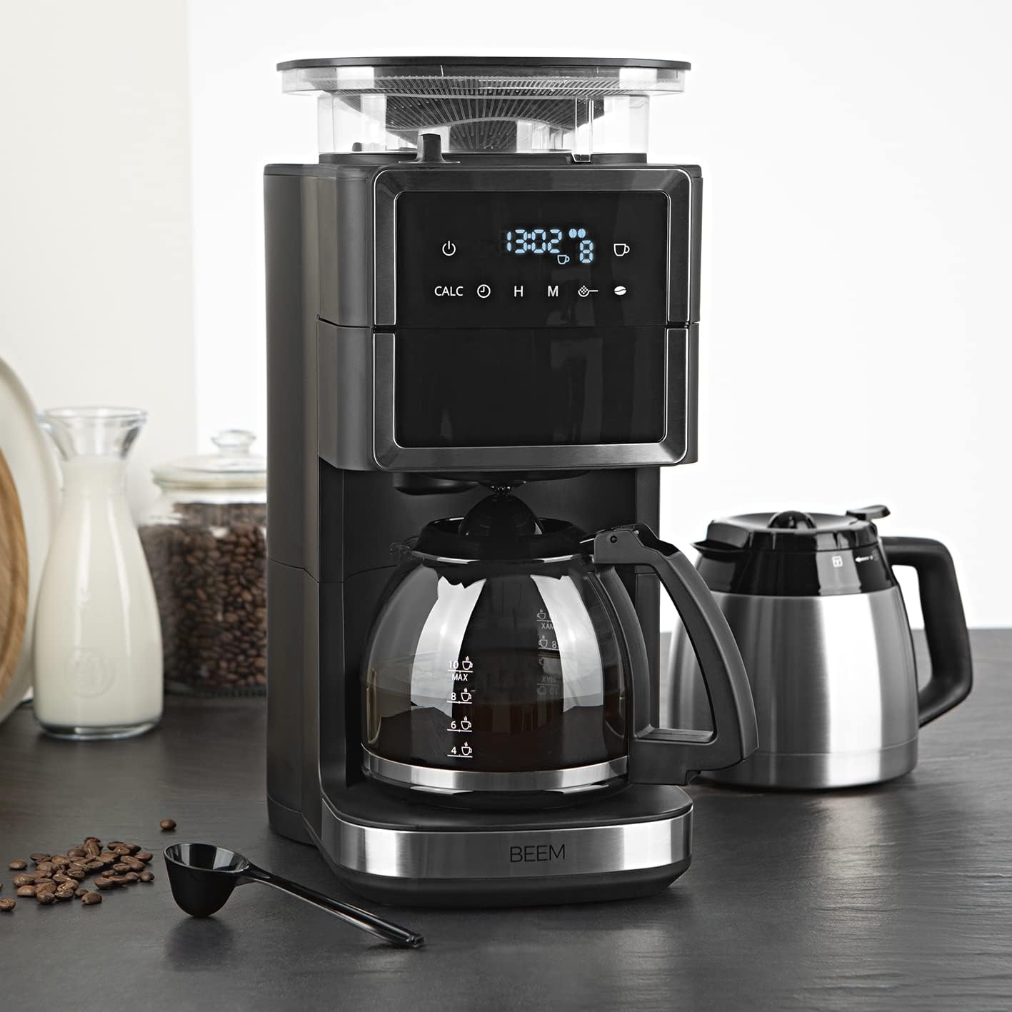 BEEM FRESH-AROMA-PERFECT III Filterkoffiezetapparaat met maalwerk - Duo | Met thermos- & glazen kan | Aroma-Plus-functie | 24-uurs timer | 1000 W | voor maximaal 10 kopjes [roestvrij staal]