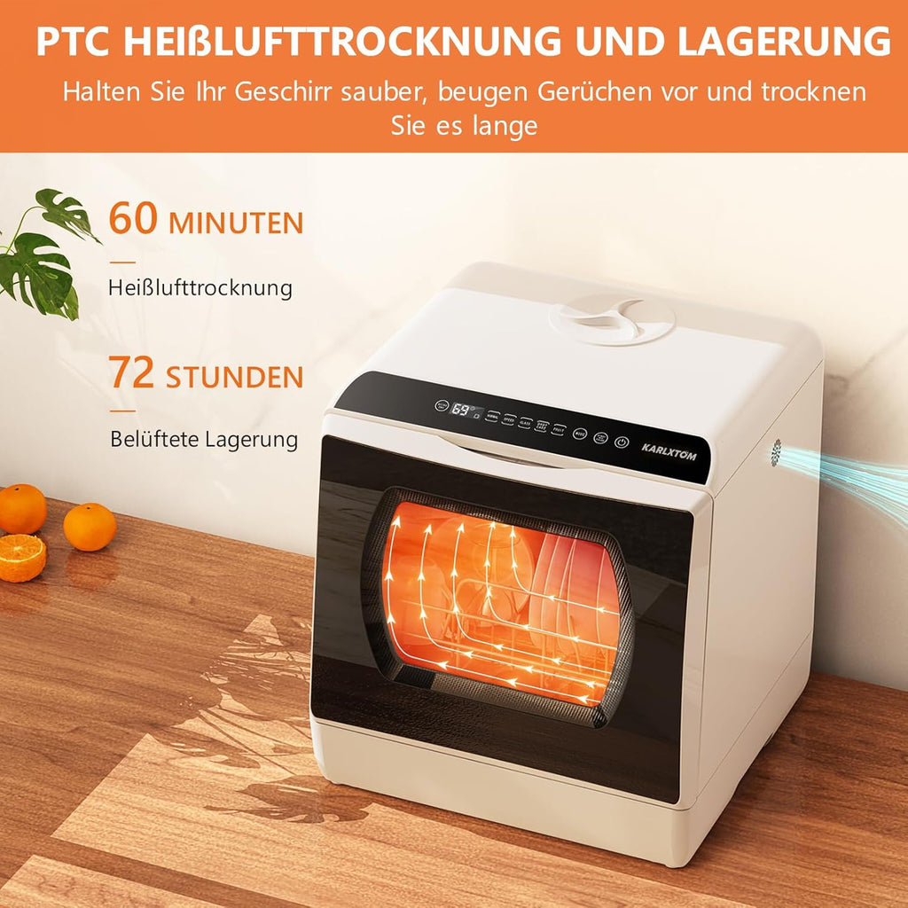 Karlxtom TDQR03A Mini Vaatwasser, 6 Programma's Vrijstaande Tafelvaatwasser, Vaatwasser met 2 Watertoevoermodi, Automatisch Drogen, Perfect voor Kleine Gezinnen en Koppels