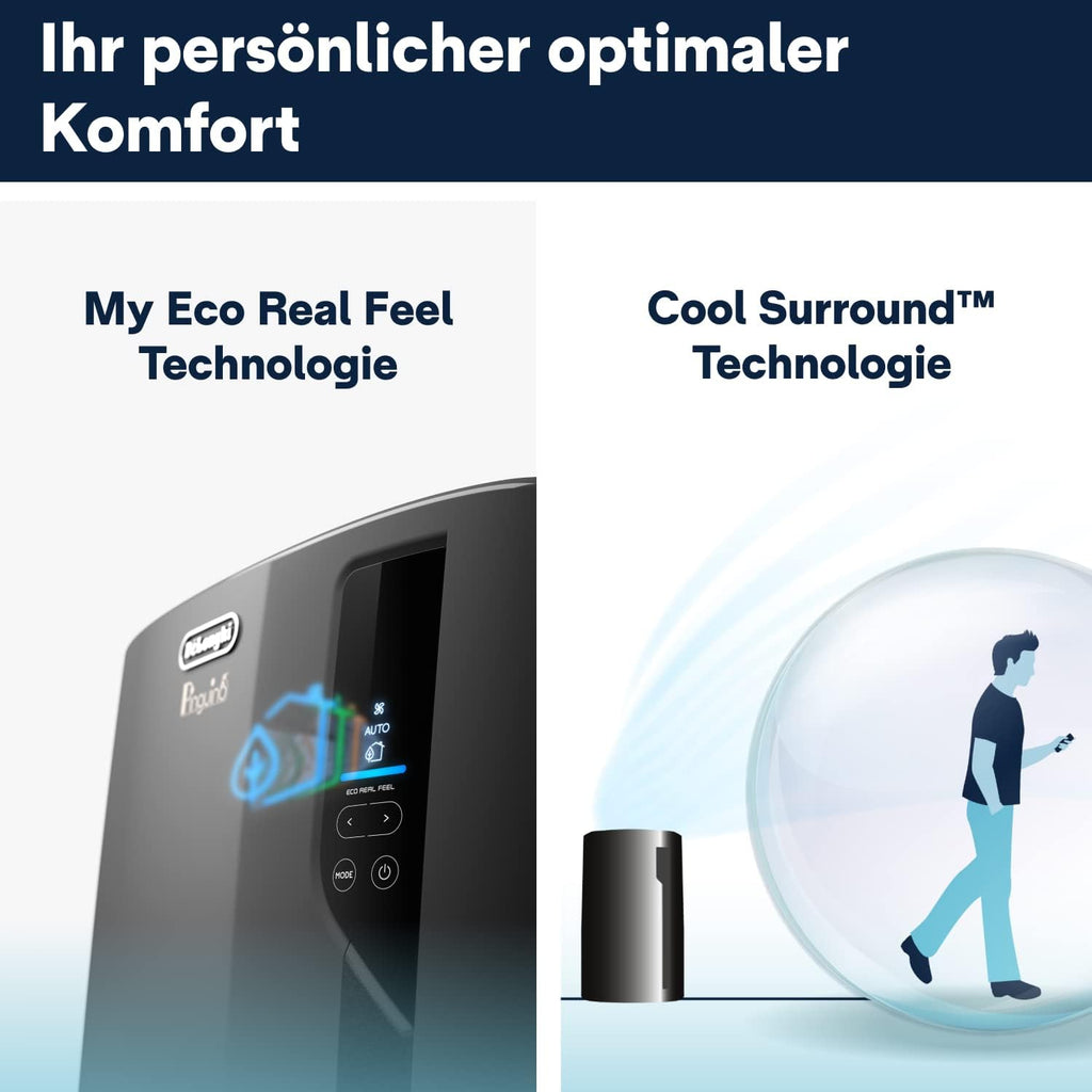 De'Longhi Pinguino PAC EL112 CST mobiele airconditioner met afvoerslang, airconditioning voor ruimtes tot 110 m³, luchtontvochtiger, ventilatiefunctie, 24-uurs timer, zwart