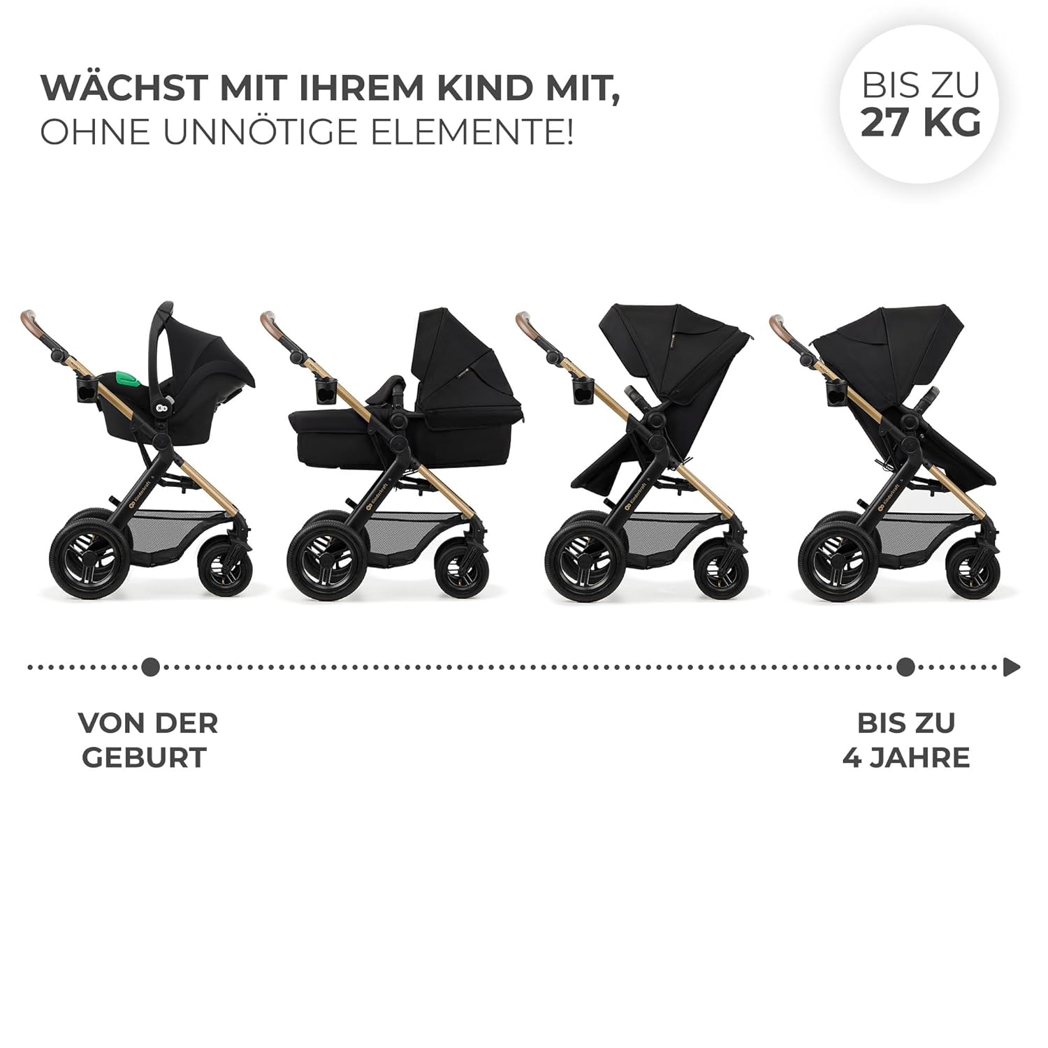 Kinderkraft MOOV2 AIR Kinderwagen 3 in 1 Kinderwagenset tot 26 kg met autostoel I-SIZE 40-75 cm, buggyfunctie, verstelbare ligstand, grote uitschuifbare kap, opblaasbare wielen, zwart