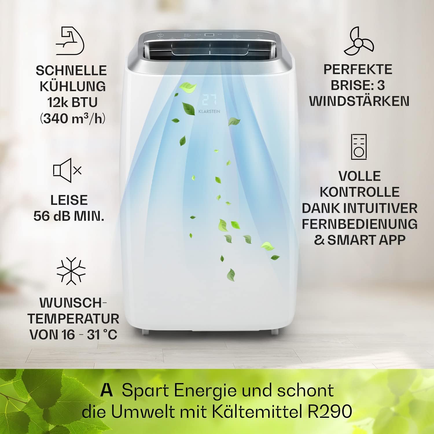 Klarstein Mobiele Airconditioning met Afvoerslang, 3-in-1 Airco met Ventilator, Luchtontvochtiger & Nachtmodus, Kleine & Draagbare Airco voor Thuis & Kantoor, 12000 BTU Laag Verbruik