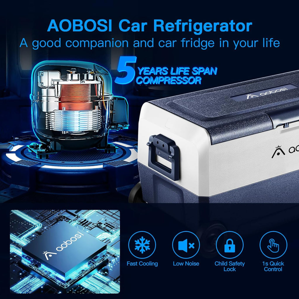 AAOBOSI Compressor Koelbox 36 L, Koelbox Auto met Wifi App Besturing, 12/24 V en 100-240 V Elektrische Koelbox, tot -20 °C voor Auto, Vrachtwagen, Boot, Camper, Camping, Dubbele Zone