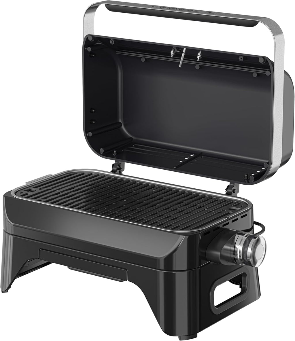 Campingaz Grill Attitude2go, gasbarbecue & elektrische barbecue, tafelbarbecue, draagbare balkon-, campingbarbecue, met deksel, thermometer en gietijzeren grillrooster, werkt op gas of elektriciteit