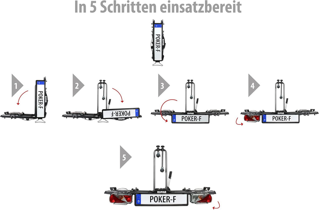EUFAB 12010LAS fietsendrager POKER-F, geschikt voor e-bike, volledig voorgemonteerd, diefstalbeveiliging, voor 2 fietsen, voor trekhaak, zwart, 142 x 70 x 58 cm