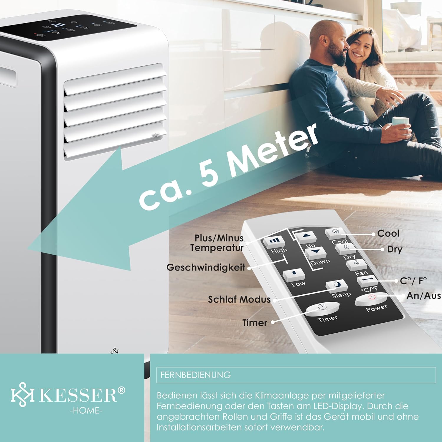 KESSER® Mobiele airco 4-in-1 koelen | Luchtontvochtiger ventileren | Ventilator 9000 BTU/u 1005W | Mobiele airconditioning met montagemateriaal, afstandsbediening & timer | Nachtmodus & 360° wielen