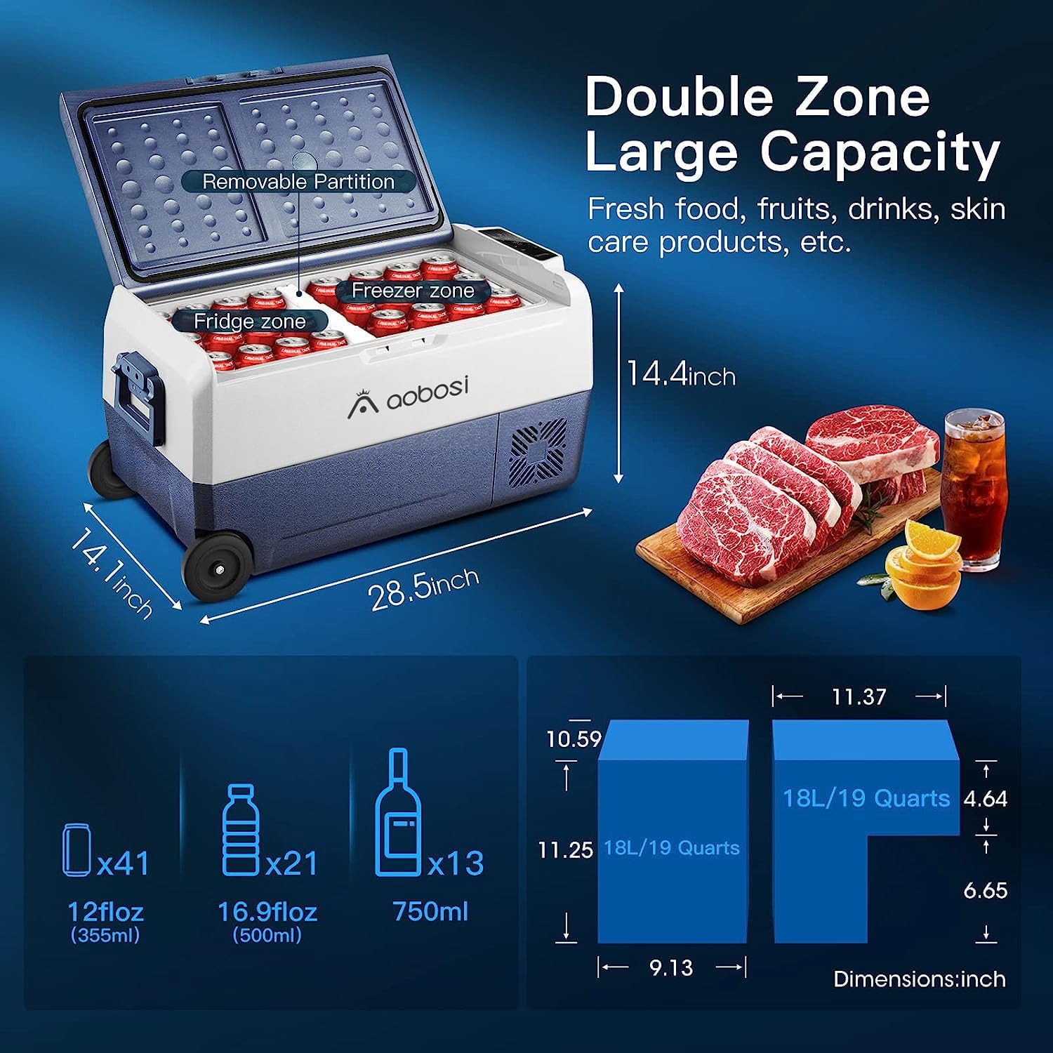 AAOBOSI Compressor Koelbox 36 L, Koelbox Auto met Wifi App Besturing, 12/24 V en 100-240 V Elektrische Koelbox, tot -20 °C voor Auto, Vrachtwagen, Boot, Camper, Camping, Dubbele Zone
