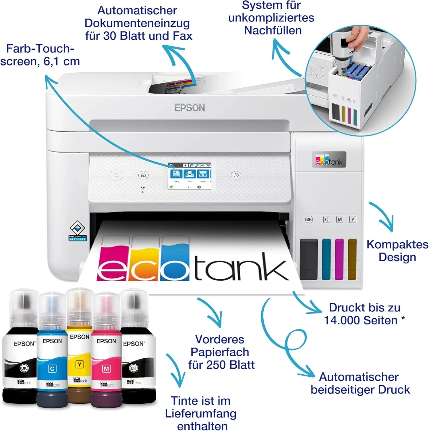 Epson EcoTank ET-4800 A4-Multifunktions-Wi-Fi-Tintentankdrucker, mit einem im Lieferumfang enthaltenen Vorrat an Tinten bis zu 3 Jahren