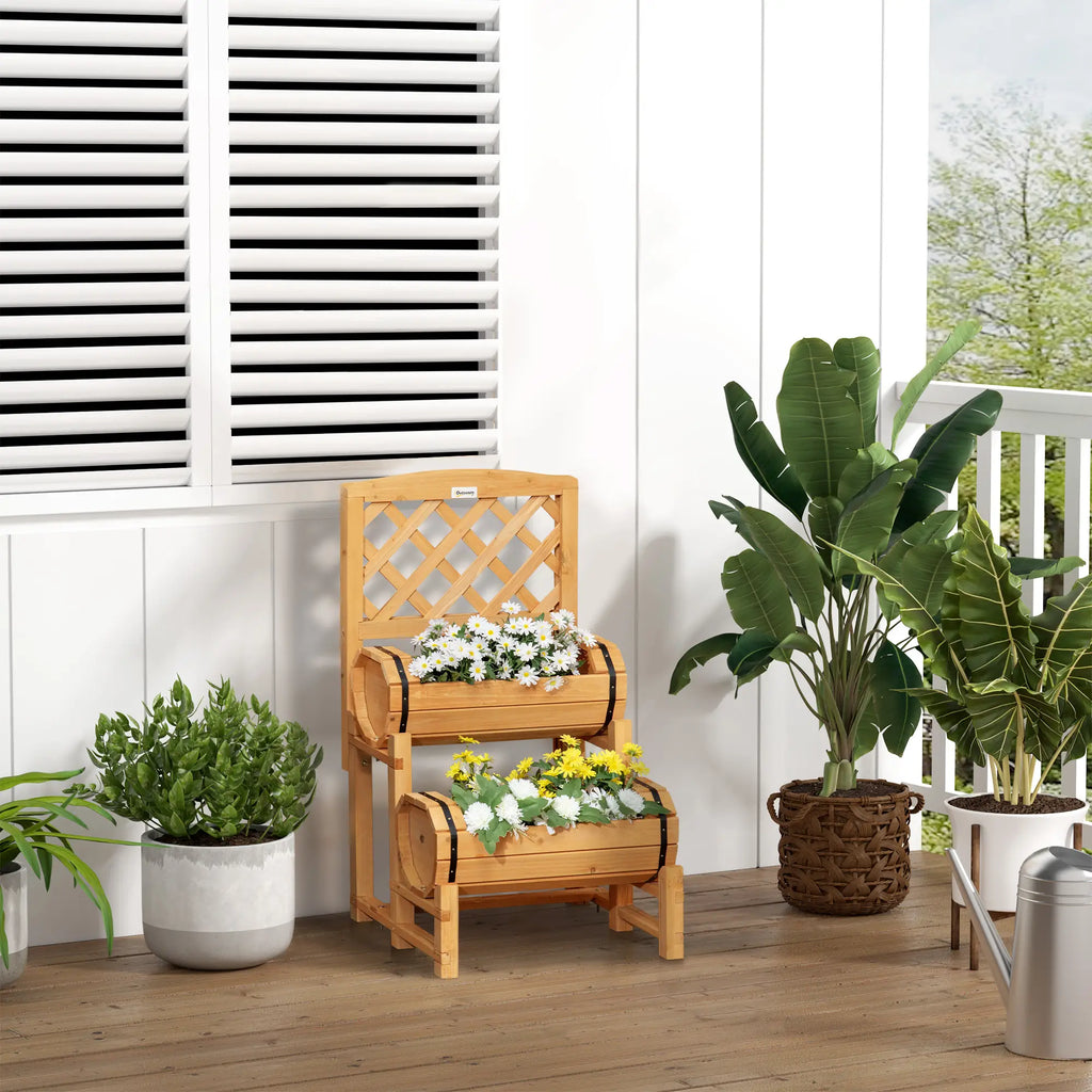 Outsunny Kweekbak bloementrap rustiek vat-design met klimrek massief hout