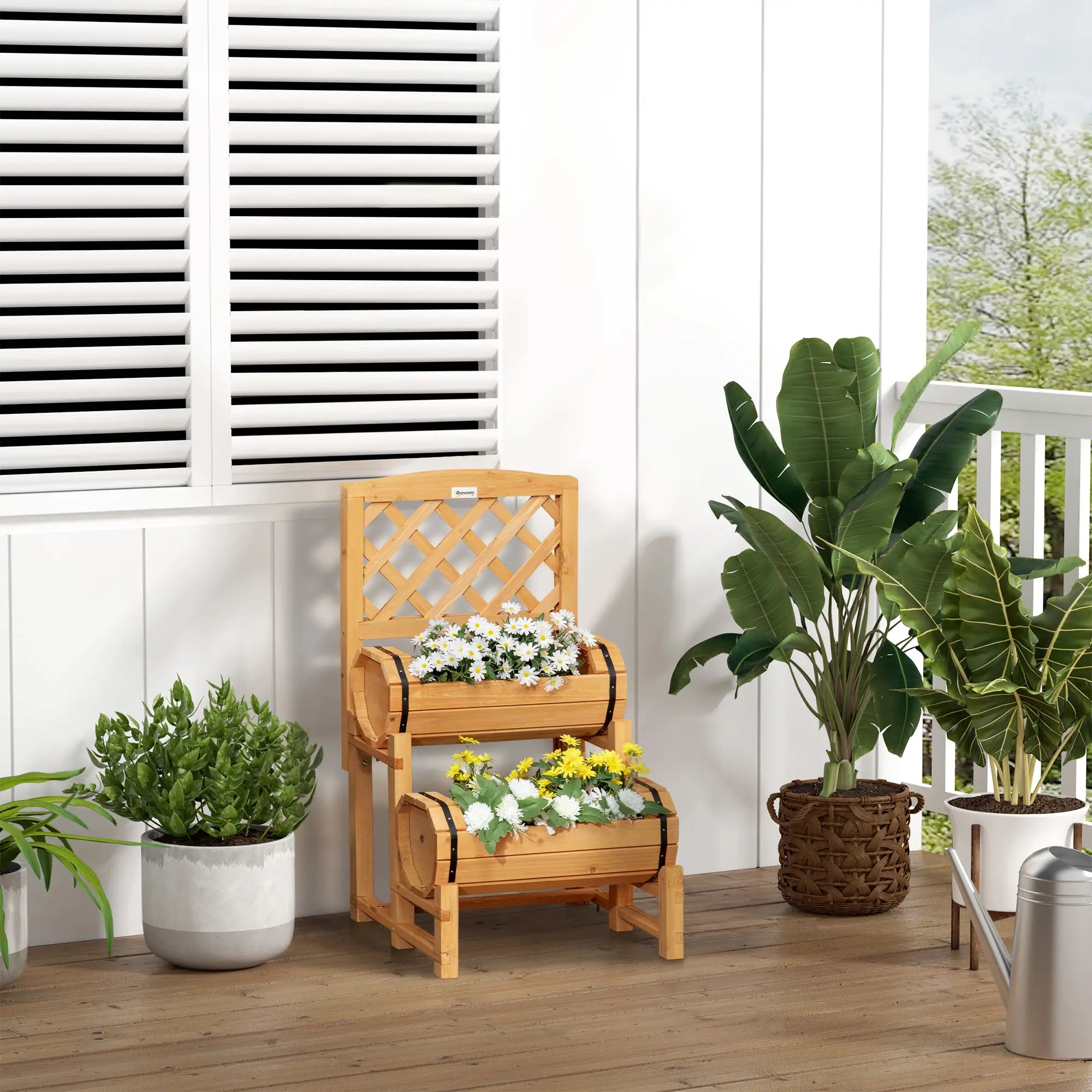 Outsunny Kweekbak bloementrap rustiek vat-design met klimrek massief hout