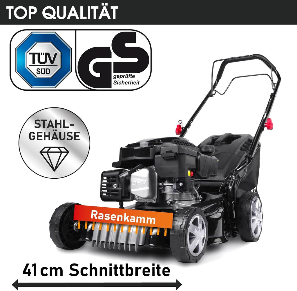 BRAST Benzine grasmaaier met aandrijving | 3,0 kW (4,1 pk) | Elektrische start | 41 cm maaibreedte | vele modellen | TÜV | 4-takt OHV-motor | 25-75 mm maaihoogte | 40 L opvangbak | Stalen behuizing | 16145 Estart