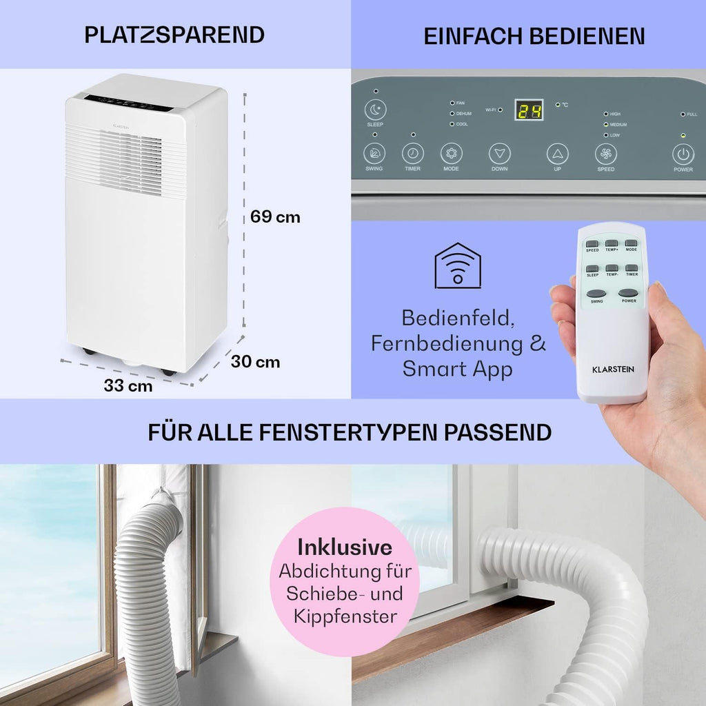 Klarstein Mobiele Airconditioning met Afvoerslang, 3-in-1 Airco met Ventilator, Luchtontvochtiger & Nachtmodus, Kleine & Draagbare Airco voor Thuis & Kantoor, 12000 BTU Laag Verbruik