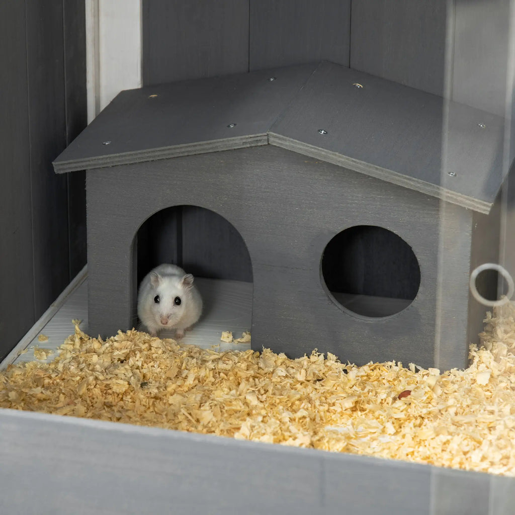 PawHut Dwerghamsterkooi met plank en plexiglas schuifdeuren Hout
