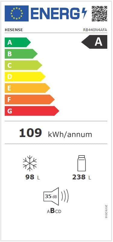 Hisense RB327N4AD2 koel-vriescombinatie/ NoFrostPlus/ Multiflow 360°/ HolidayMode/ FreshZone/ 182,4 cm/ koelgedeelte 171 l/ vriesgedeelte 85 l/ 41 dB/ 287 kWh/ jaar/ roestvrijstalen look