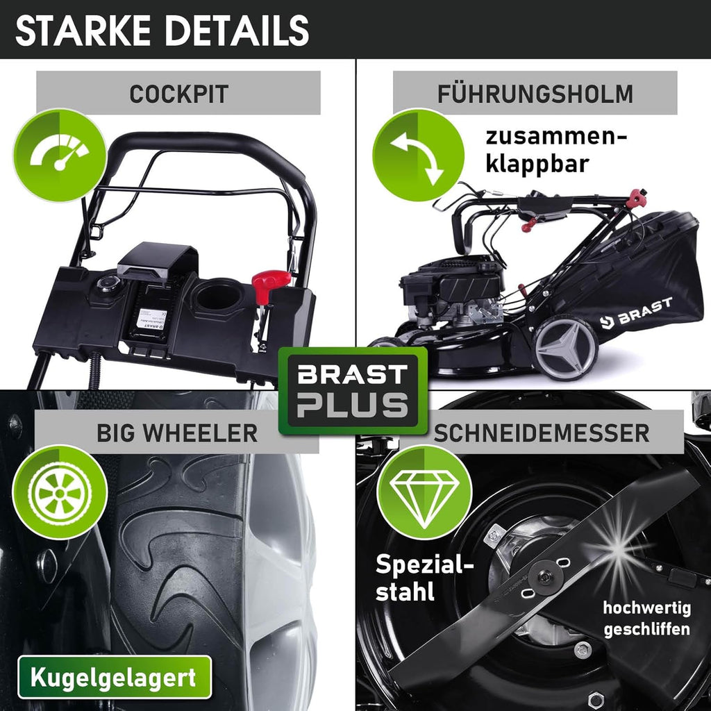 BRAST Benzine grasmaaier met aandrijving | 3,0 kW (4,1 pk) | Elektrische start | 41 cm maaibreedte | vele modellen | TÜV | 4-takt OHV-motor | 25-75 mm maaihoogte | 40 L opvangbak | Stalen behuizing | 16145 Estart