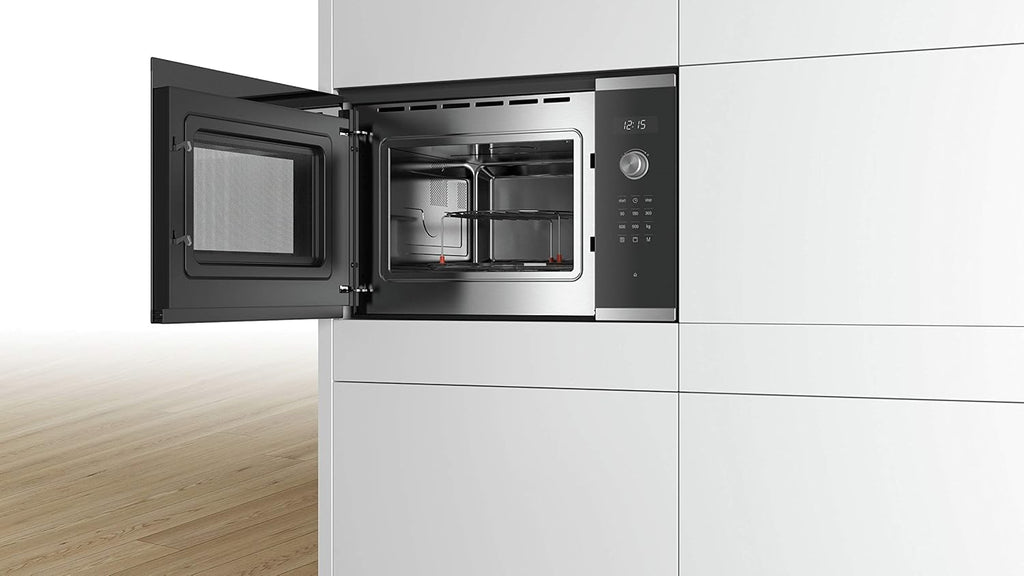 Bosch BEL554MS0 Serie 6 Einbau-Mikrowelle, 38 x 59 cm, 900 W, Drehteller 31,5cm, Türanschlag Links, AutoPilot 8 8 Automatikprogramme, Reinigungsunterstützung, LED-Touchdisplay, Edelstahl