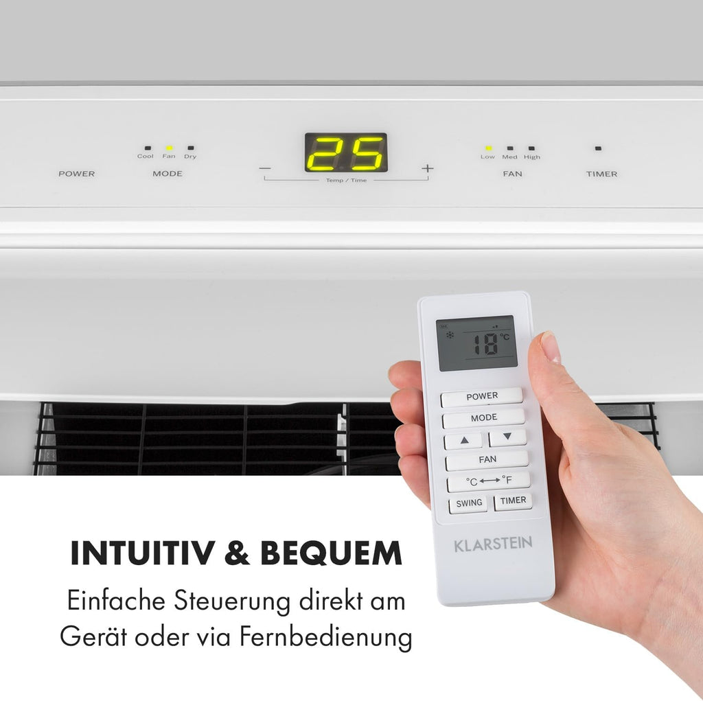 Klarstein Mobiele Airconditioning met Afvoerslang, 3-in-1 Airco met Ventilator, Luchtontvochtiger & Nachtmodus, Kleine & Draagbare Airco voor Thuis & Kantoor, 12000 BTU Laag Verbruik