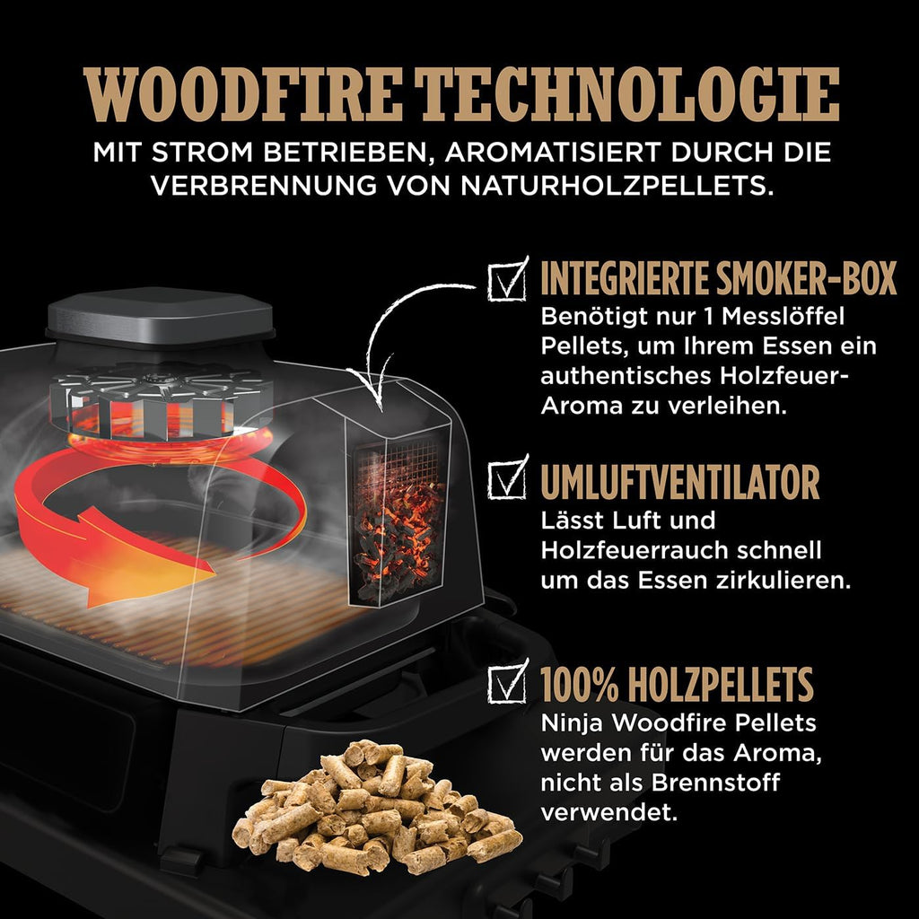 Ninja Woodfire Electric BBQ Grill & Smoker & Air Fryer, 7-in-1 Outdoor BBQ Grill, Air Fry, Smoke, Roast, Bake and more, Weather Resistant, Non-Stick, Portable, Electric, Grey/Black OG701EU
