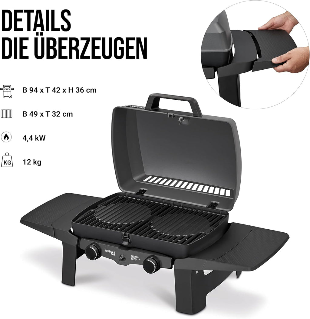 Enders Gasbarbecue Urban II Pro, tafelbarbecue, grill-, kook- en bakfunctie, 2 branders RVS, met grillthermometer, balkon-, campingbarbecue, gegoten aluminium behuizing, gietijzeren rooster, #2062