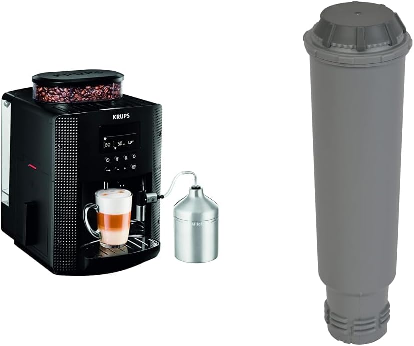 Krups Essential volautomatische espressomachine met melkslang, 2-kopsfunctie, LCD-display, eenvoudige reiniging, koffiezetapparaat, TÜV-keurmerk, zwart, EA816031