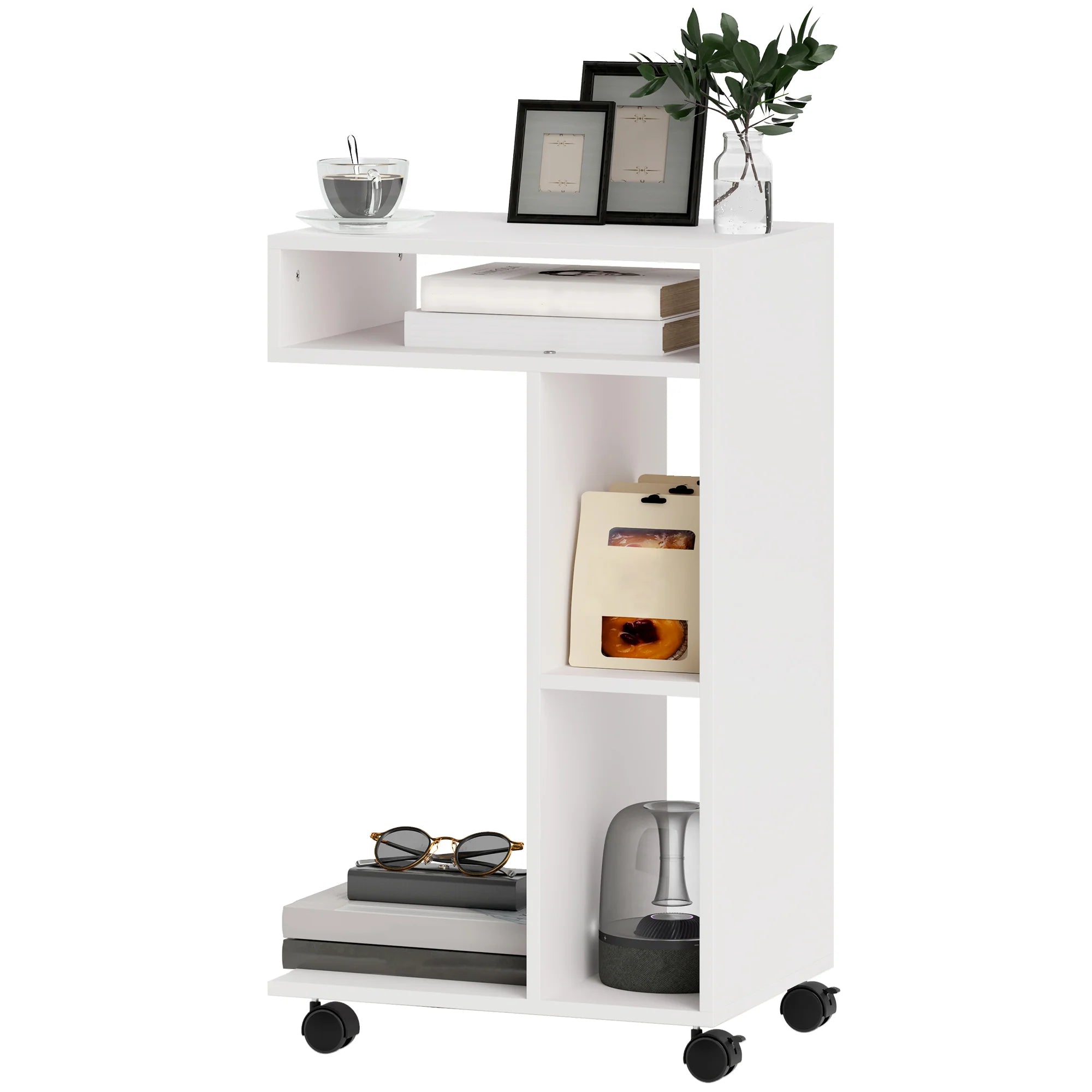 HOMCOM Bijzettafel C-vorm met wielen en planken Wit
