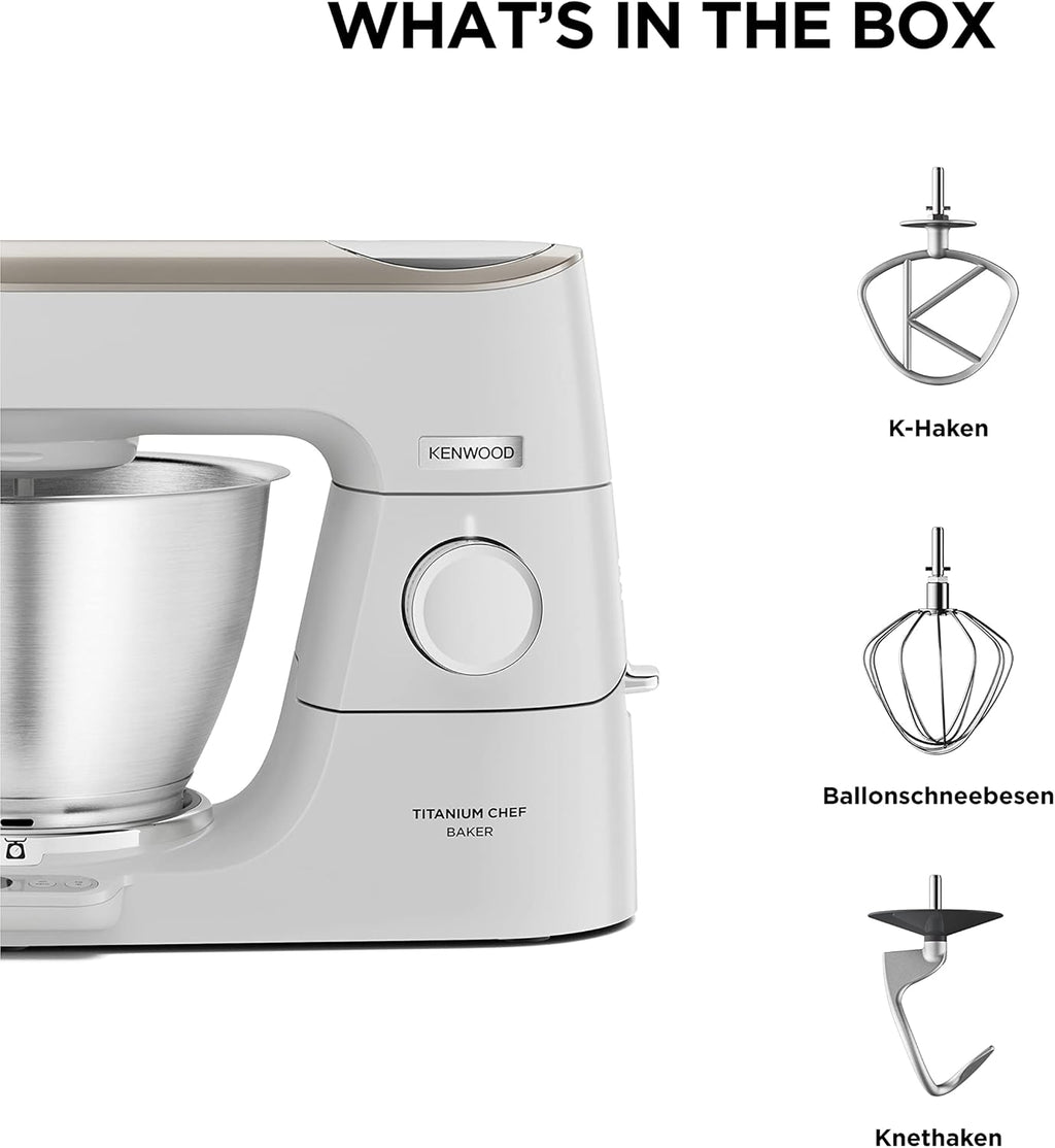 Kenwood Titanium Chef Baker KVL85.424SI Keukenmachine met geïntegreerde weegschaal, incl. 4-delige patisserie set, 7 L en 5 L mengkom, traploze snelheidsregeling, 1200 W, zilver