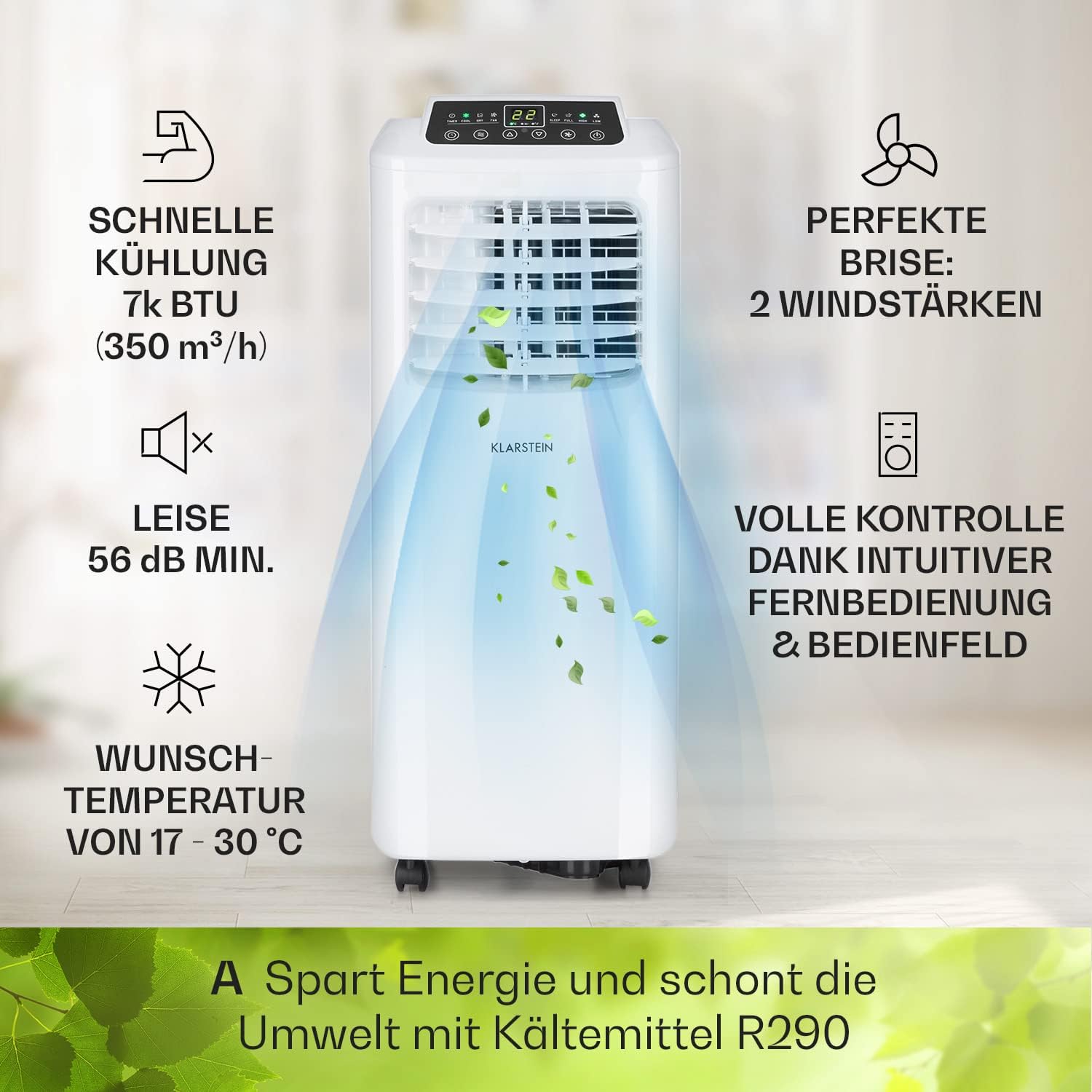Klarstein Airconditioner, 4-in-1 Airconditioningsysteem, Luchtontvochtiger, Ventilator & Nachtmodus, Mobiele airconditioner met afvoerslang, App-bediening, Airconditioner voor ruimtes tot 44 m², 9000 BTU, Wit